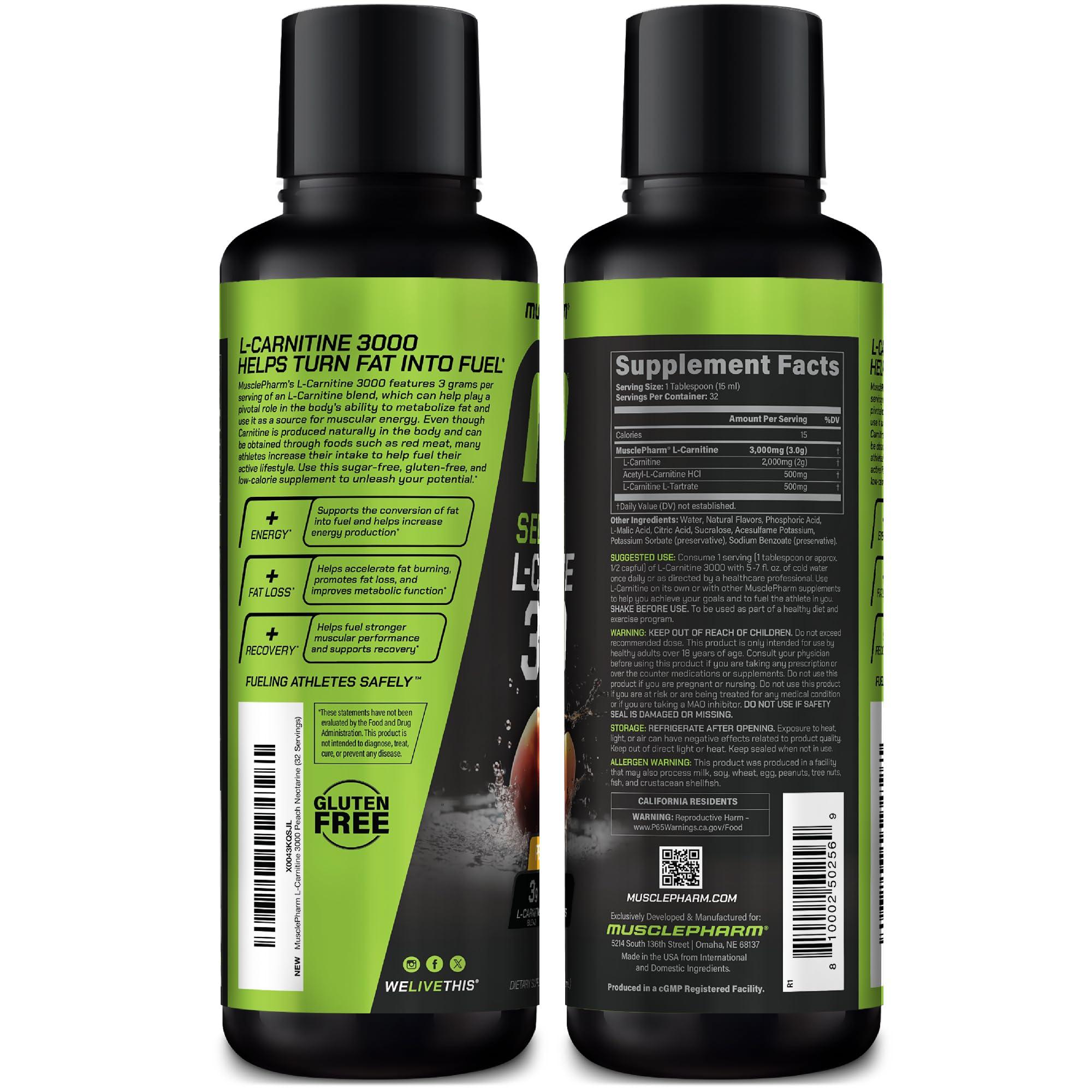 Muscle Pharm Muscle Pharm L-Carnitine 3000, The Ultimate Liquid L Carnitine Supplement for High-Performance, Supports Metabolism, Hydration & Energy, Zero Sugar/Calories, Peach Nectarine Flavor, 32 Servings
