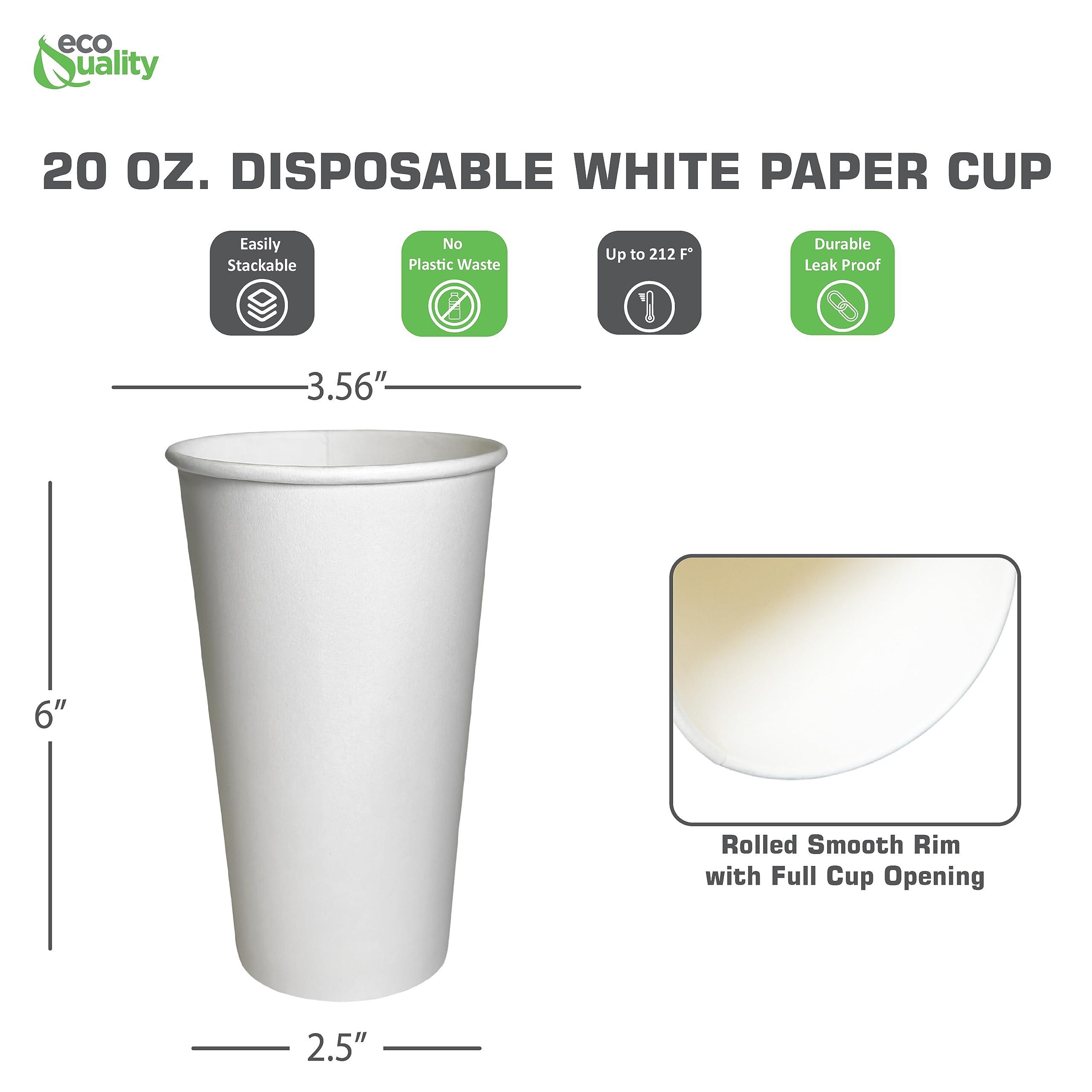 EcoQuality 20oz White Paper Coffee Cups Extra Large - Disposable Paper Coffee Cups - Hot Drink, Tea, Coffee, Cappuccino, Hot Chocolate, Chai, Chai Latte, Office, Travel, Recyclable - 20 Ounce Cups (500)