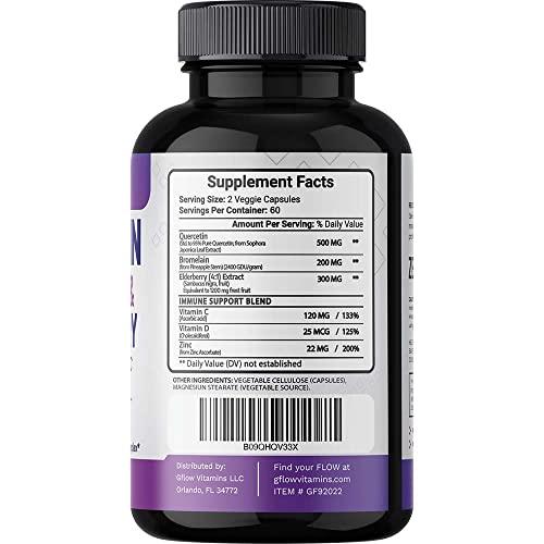 gflow vitamins Quercetin with Vitamin C and Zinc - Quercetin 500mg - Quercetin with Bromelain - Zinc Quercetin - 120 Veggie Caps - Elderberry with zinc and Vitamin c for Adults (Non-GMO, Vegan) 2 Months Supply