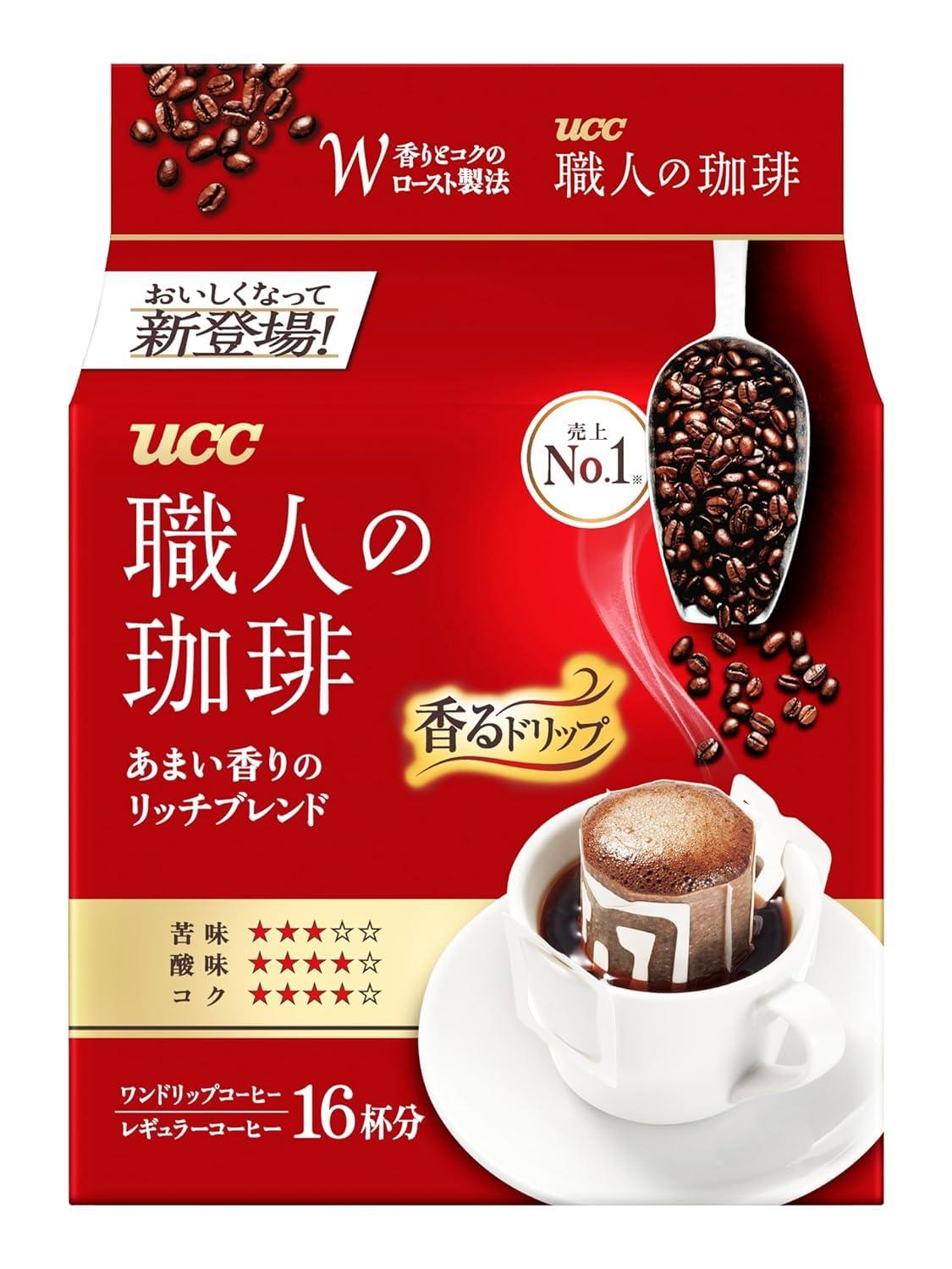 UCC UCC Shokunin Coffee Rich Blend, Single Serve Japanese Style Pour Over Coffee, Imported from Japan, 16 Individual Bags, 0.25 Oz (7g) per bag, Sun-Dried Beans, Artisan Crafted, Each Bag Makes 5 oz Cup, (16 PACK)