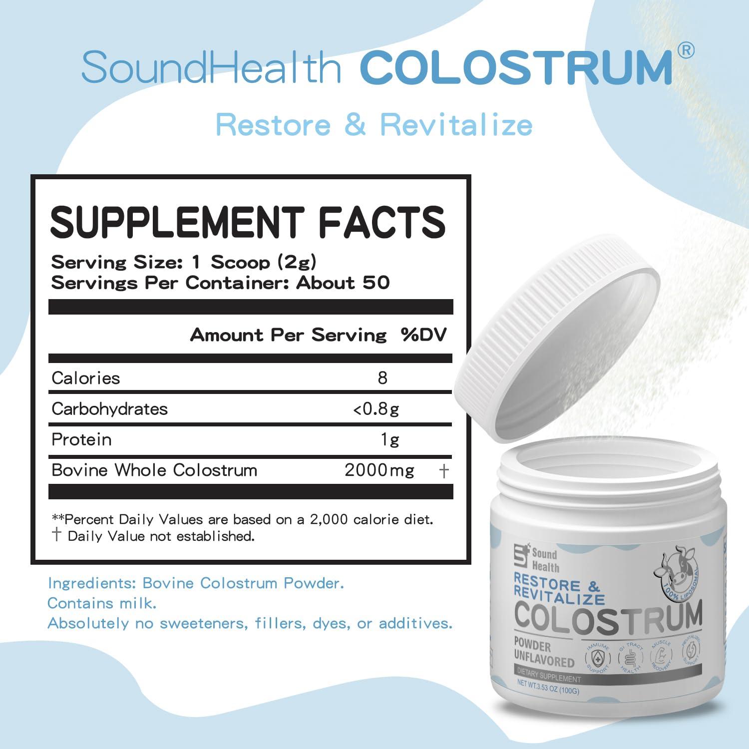 SoundHealth Colostrum Supplement Powder for Humans - Organic Bovine Colostrum Supplement for Gut Health, Hair Growth, Beauty, and Immune Support - Unflavored (73 Servings)