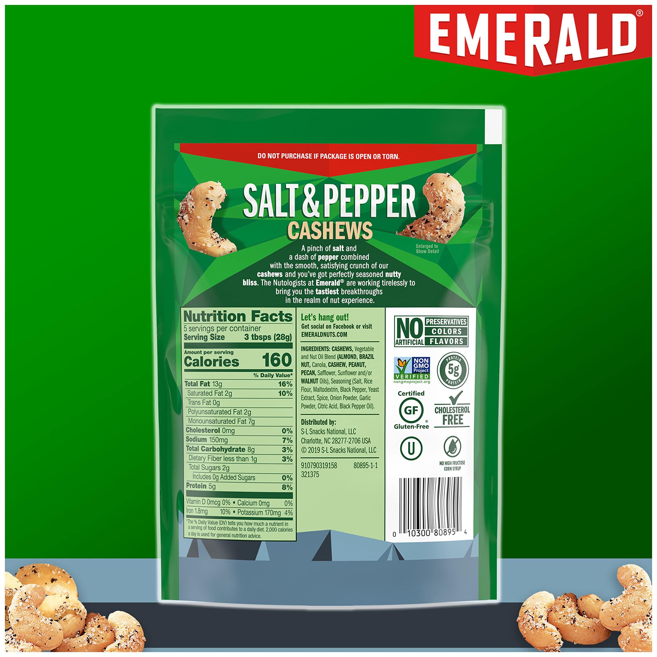Emerald Emerald Nuts Salt and Pepper Seasoned Cashews (1-Pack), 5oz Resealable Bag, Kosher Certified, Non-GMO, Contains No Artificial Preservatives, Flavors or Synthetic Colors