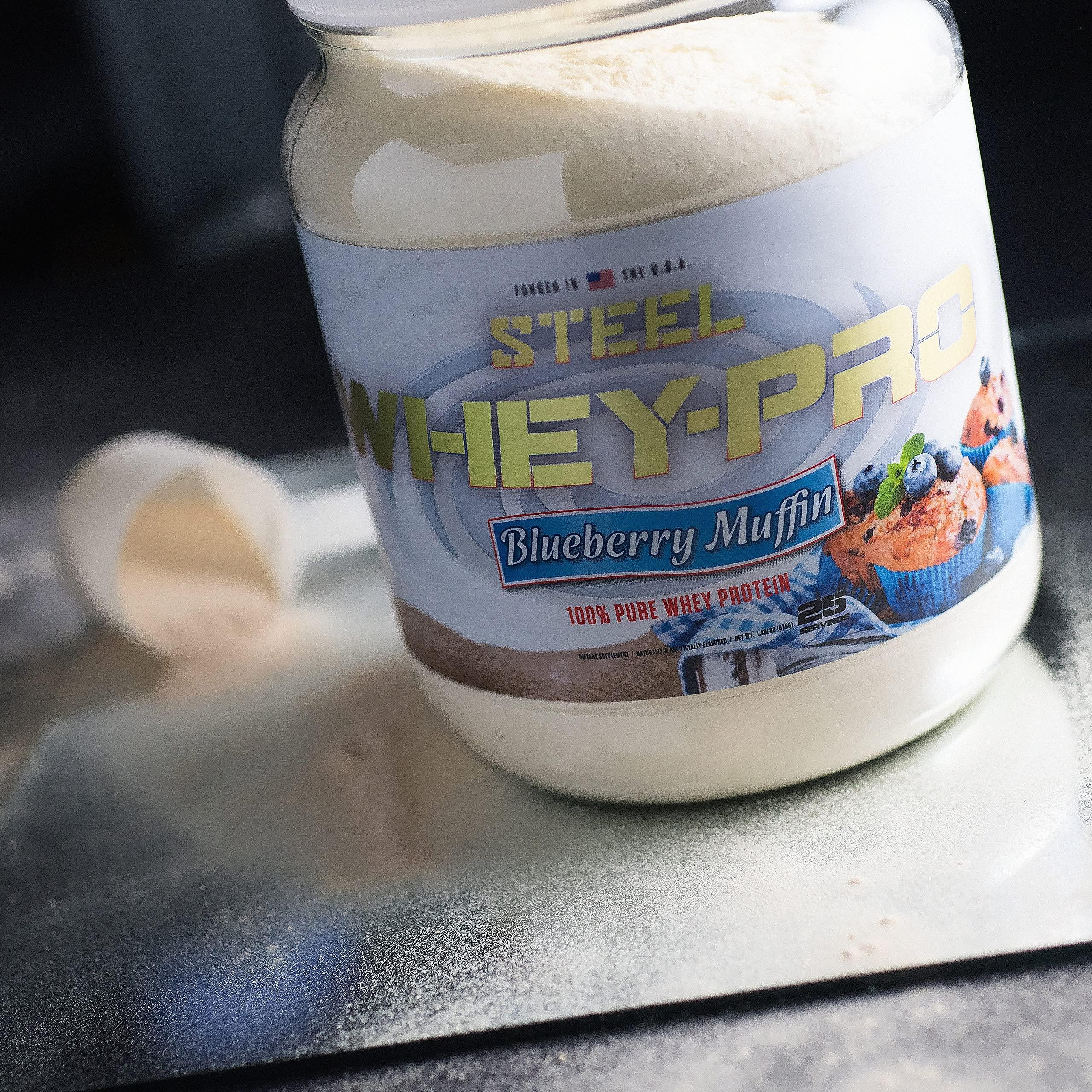 Steel Supplements Steel Supplements Whey-Pro | 100% Pure Whey Protein Powder for Men and Women | Blueberry Muffin | Muscle Gain & Lean Muscle Recovery | Gluten Free | 1.48 lbs | BCAA 5g | Non-GMO | 25 Servings
