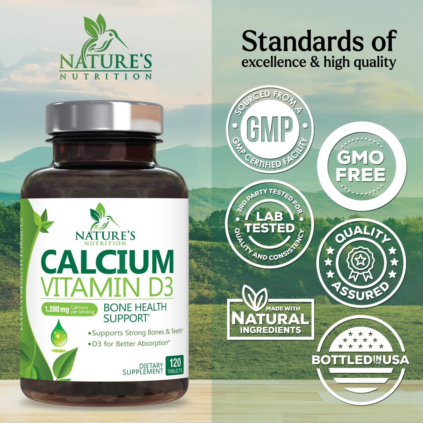 Nature's Nutrition Calcium 1200 mg with Vitamin D3, Calcium Supplement Vitamins, Supports Bone Strength, Teeth & Immune System, Calcium Supplements for Women & Men, Nature\'s Absorbable Calcium Carbonate - 120 Tablets