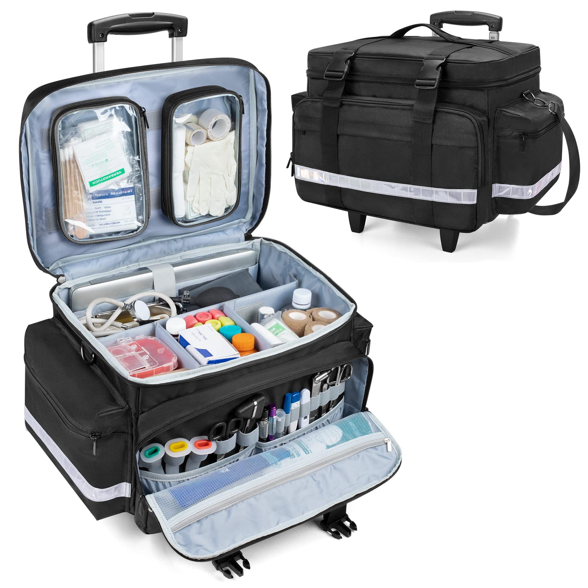 Damero Damero Rolling Medical Bag with Detachable Trolley, Medical Equipment Bag with Removable Pouches and Dividers, First Aid Responder Bag Empty for Home Health Nurses, Doctors, EMT, EMS, Black
