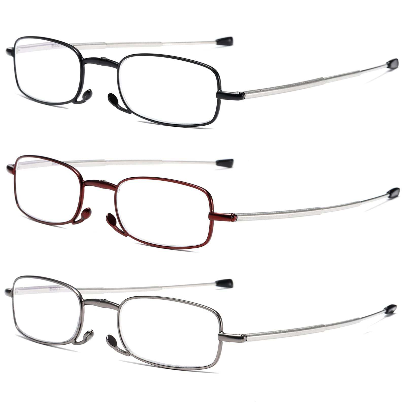 OWTXIS OWTXIS 3 Pack Folding Reading Glasses for Men Women, Keychain Compact Readers Blue Light Portable Pocket Eyeglasses (Black, Gunmetal, Red, 2.75)