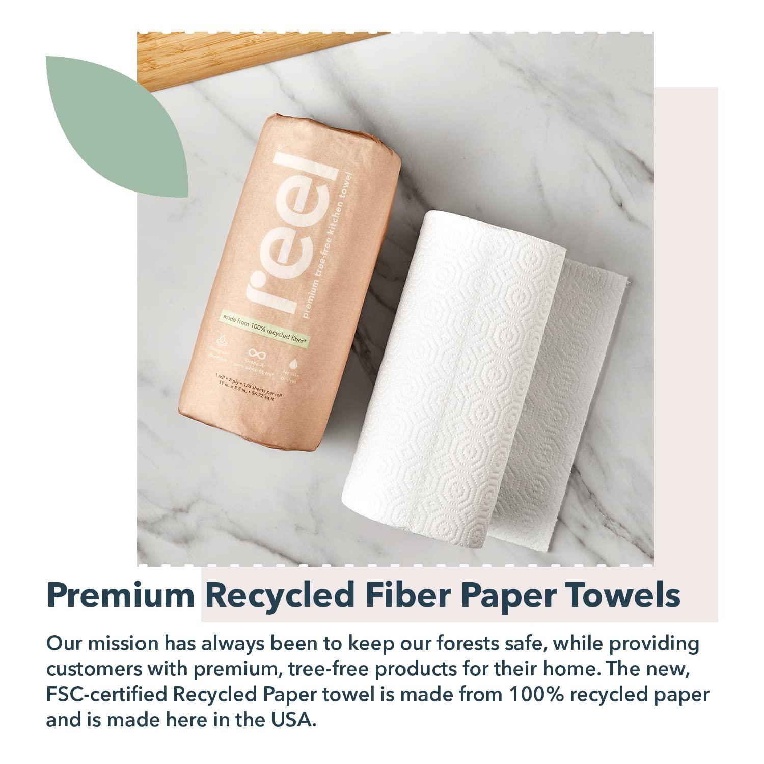 REEL Reel Premium Recycled Paper Towels- 12 Rolls, 2-Ply Made From Tree-Free, 100% Recycled Paper - Eco-Friendly, Hypoallergenic and Zero Plastic Packaging