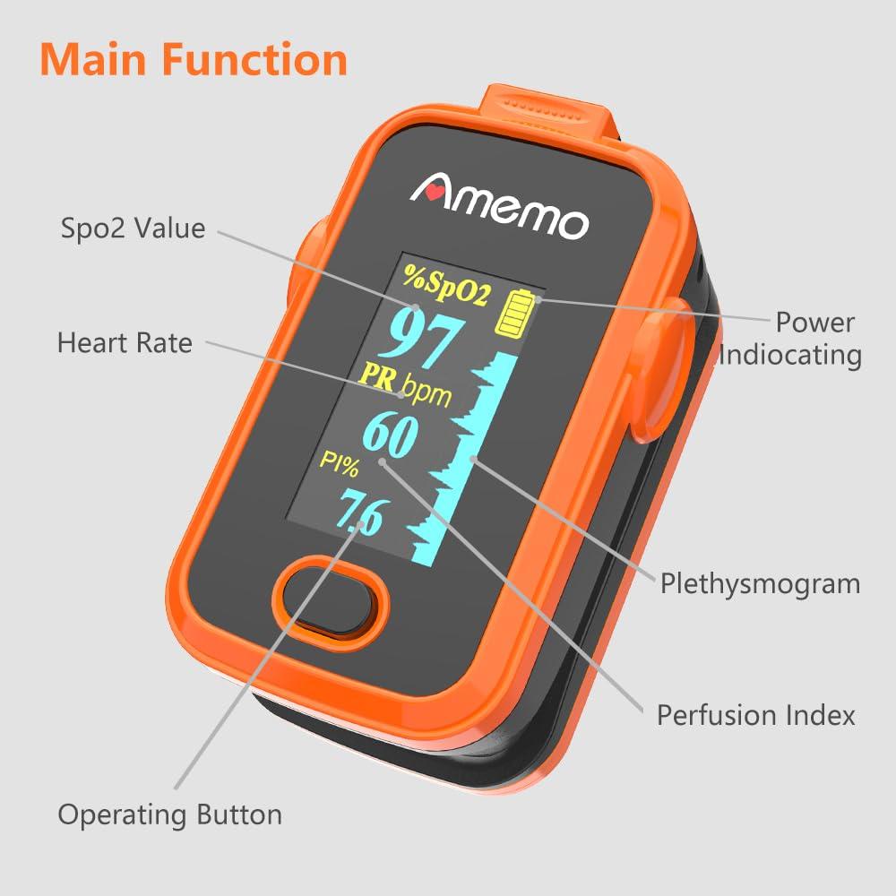 Amemo Pulse Oximeter,OLED Display Oxygen Monitor Fingertip,Blood Oxygen Saturation Monitor(SpO2) with Carrying Case,Silicone Cover (Orange)
