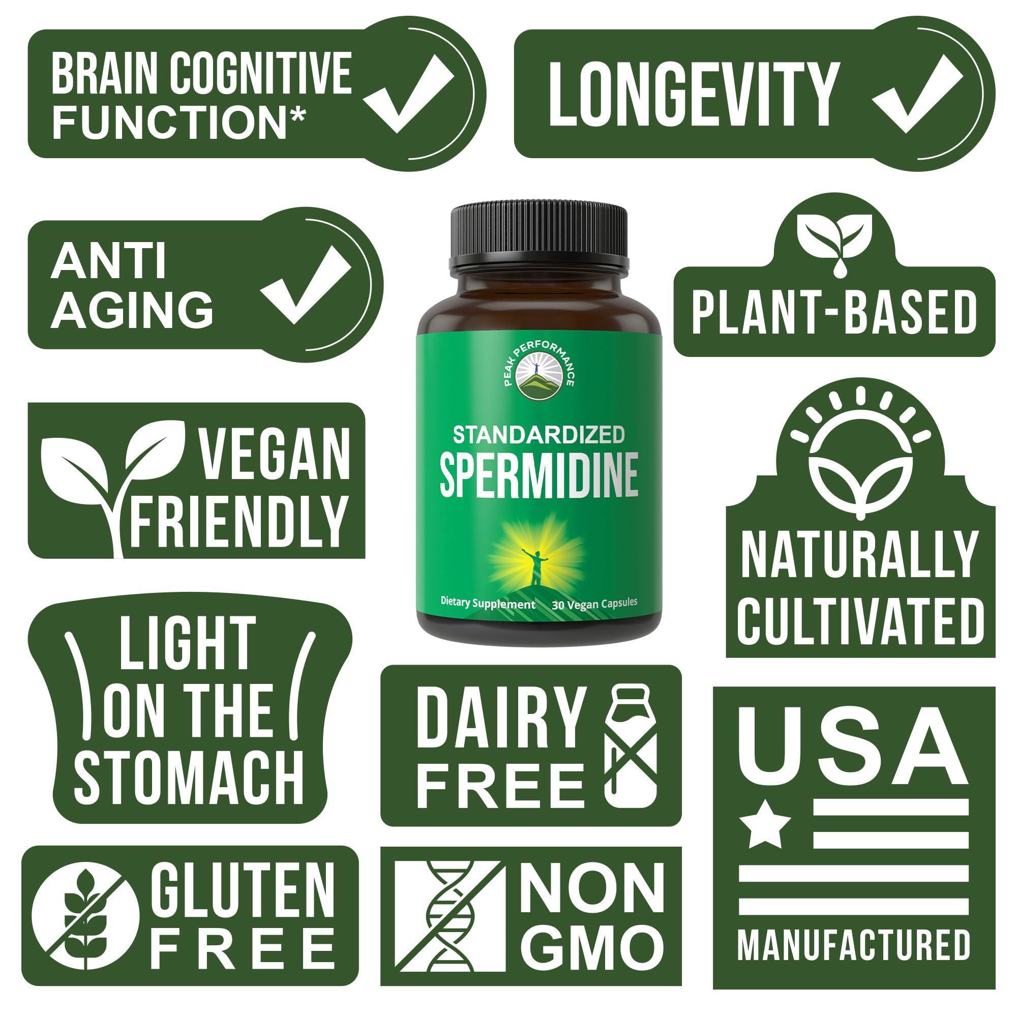 Peak Performance Spermidine Supplement Ultra High Strength Standardized to 99% Spermidine Trihydrochloride. More Potent Than Wheat Germ Extract. Vegan Capsules for Healthy Aging, Longevity. USA Tested Supplements