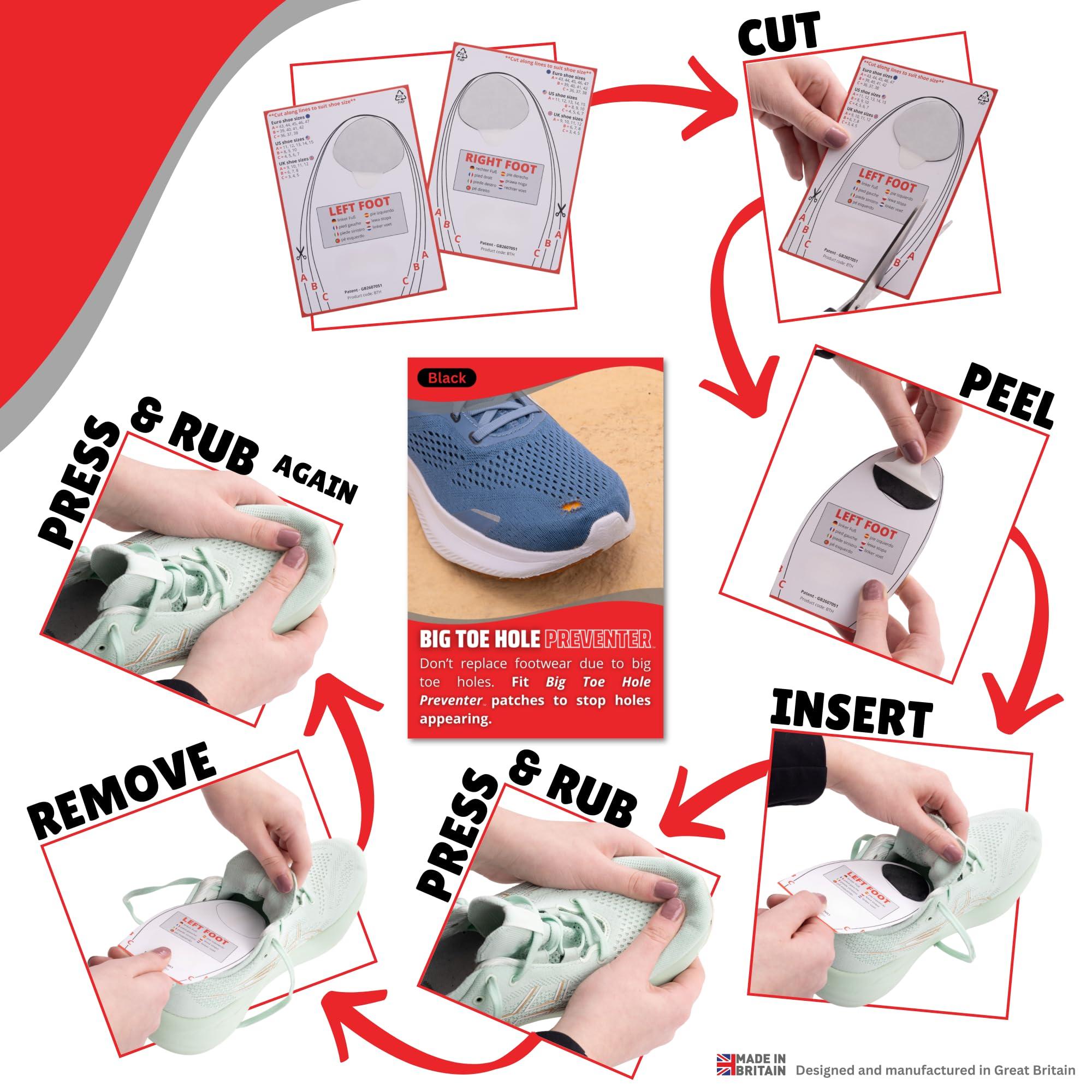Trainer Armour Trainer Armour - Big Toe Hole Preventer, self-Adhesive Patches with a Clever applicator. Shoe Toe Burst Toe Box Blowout Prevention Insert, Toe Hole Area Repair Patch. for Running Shoes and Sneakers.