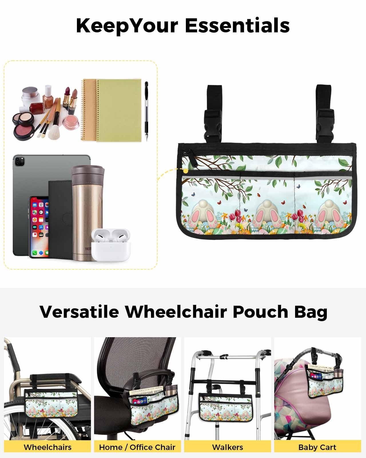 Sabolny Easter Bunny Butt Wheelchair Side Bag, Watercolor Spring Flower Eggs Leaves Wheelchair Walker Armrest Bags with Cup Holder & Reflective Stripes, Mobility Scooter Walker Rollator Wheelchair Accessories