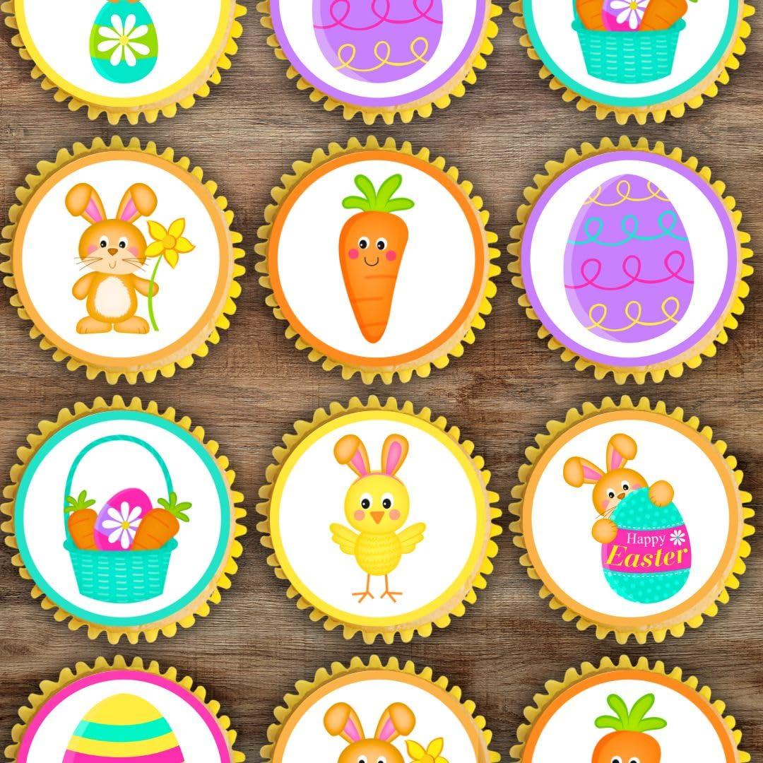 Cian's Cupcake Toppers Ltd 24 Easter Mix Edible Cupcake Toppers - Stand Up Wafer Cake Decorations, Easter Bunny Cake Topper, Easter Party Decorations, Cookie Baking Supplies, Bright Easter Cake Decorations 4.5cm / 1.77 Inch