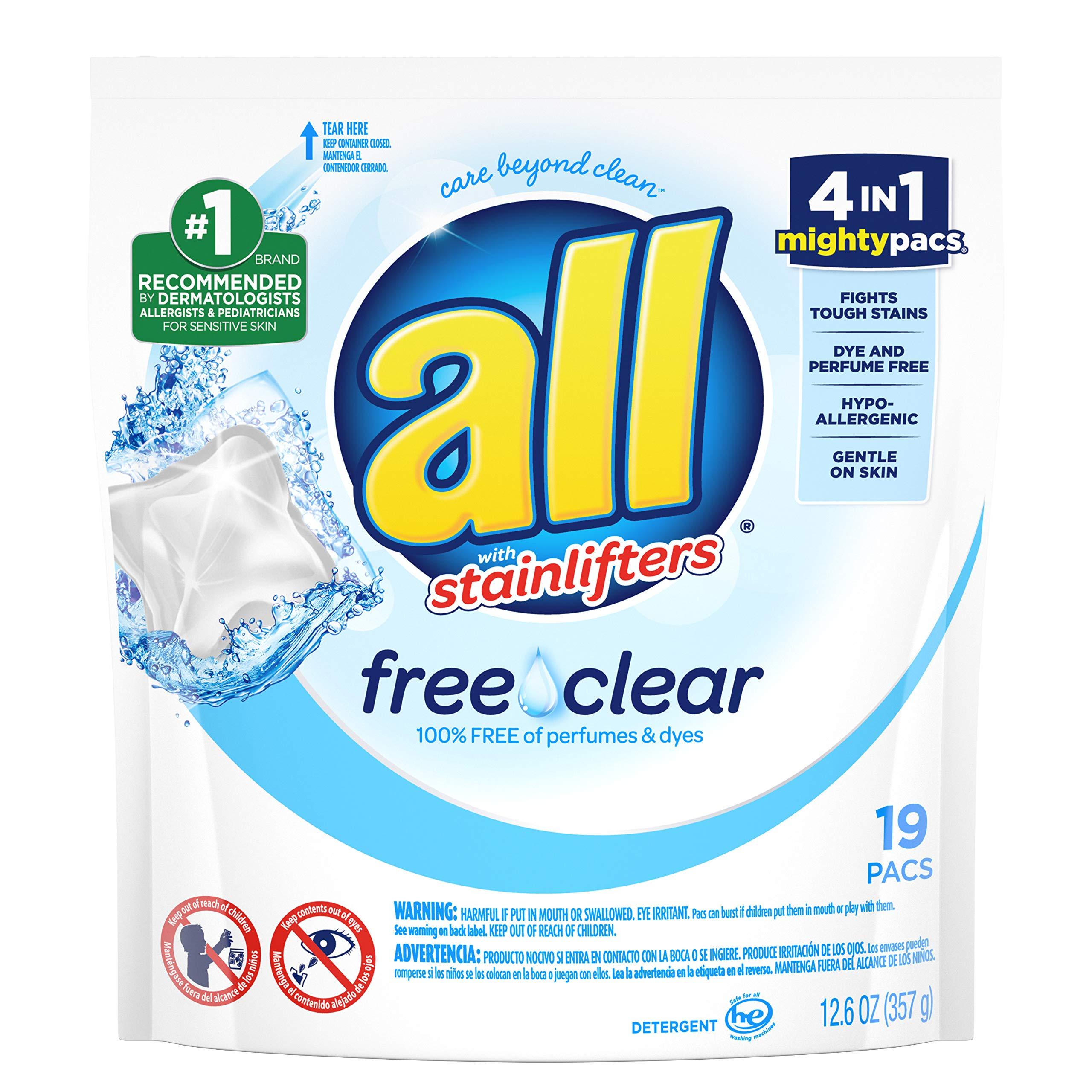 all All Mighty Pacs Laundry Detergent, Free Clear For Sensitive Skin Pouch, 19 Count