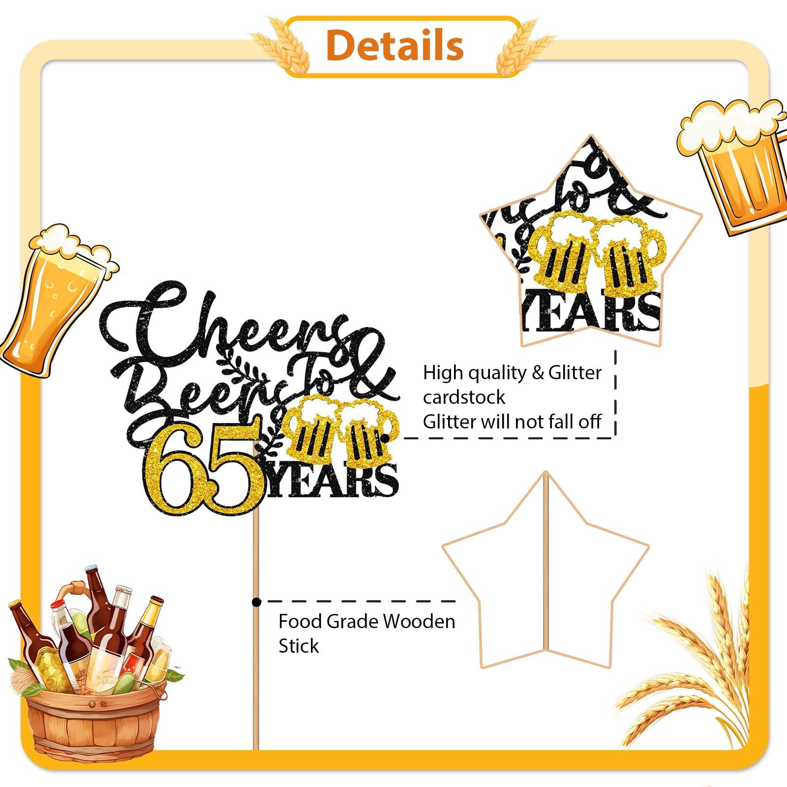MAONICA Cheers & Beers to 65 Years Cake Topper, Gold&Black Glitter Happy 65th Birthday Cake Topper for Men, Beer Sign Cheers To 65 Years Cake Decor, Happy 65th Anniversary Party Decoration