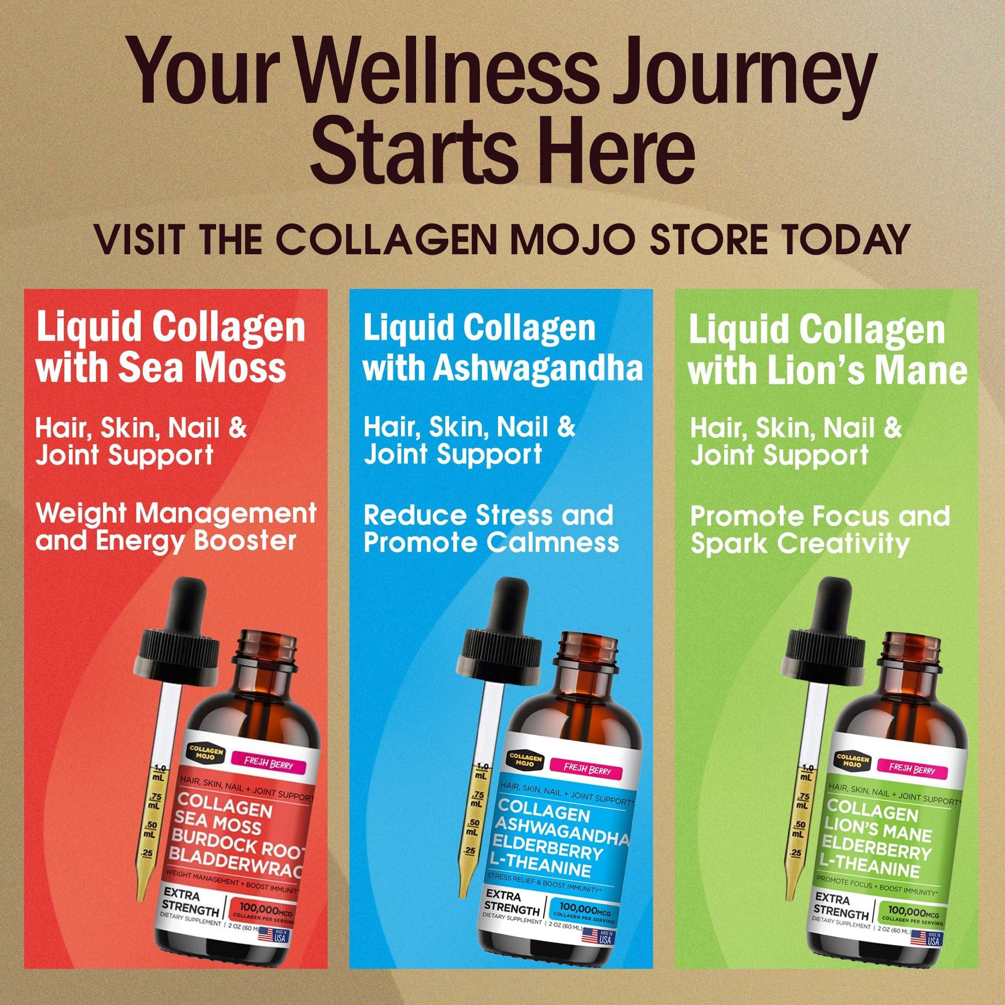 Collagen Mojo Collagen Mojo Liquid Collagen Peptides with Sea Moss, Burdock Root & Bladderwrack + Ashwagandha, Elderberry & L-Theanine + Lions Mane Mushroom, Elderberry & L-Theanine