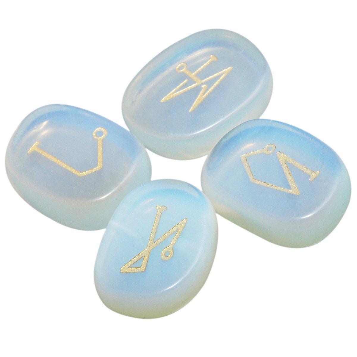 mookaitedecor mookaitedecor 4 Piece Opalite Stones Engraved Angel Symbols Polished Palm Stones for Reiki Crystal Healing