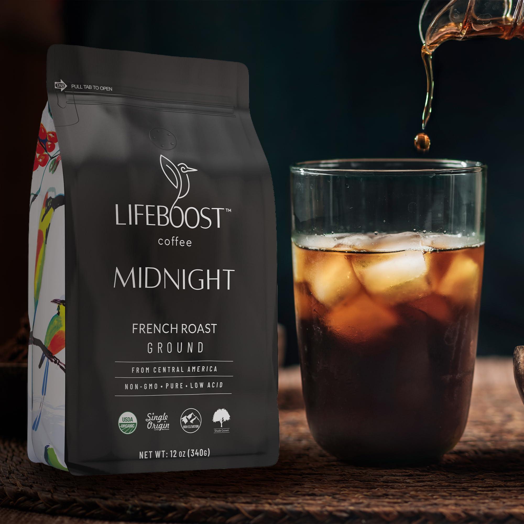 LIFEBOOST LIFEBOOST Midnight Coffee French Roast Coffee Ground - Single Origin USDA Organic Low Acid Coffee French Roast - Non-GMO Ground Coffee - Third Party Tested For Mycotoxins & Pesticides - 12 Ounces