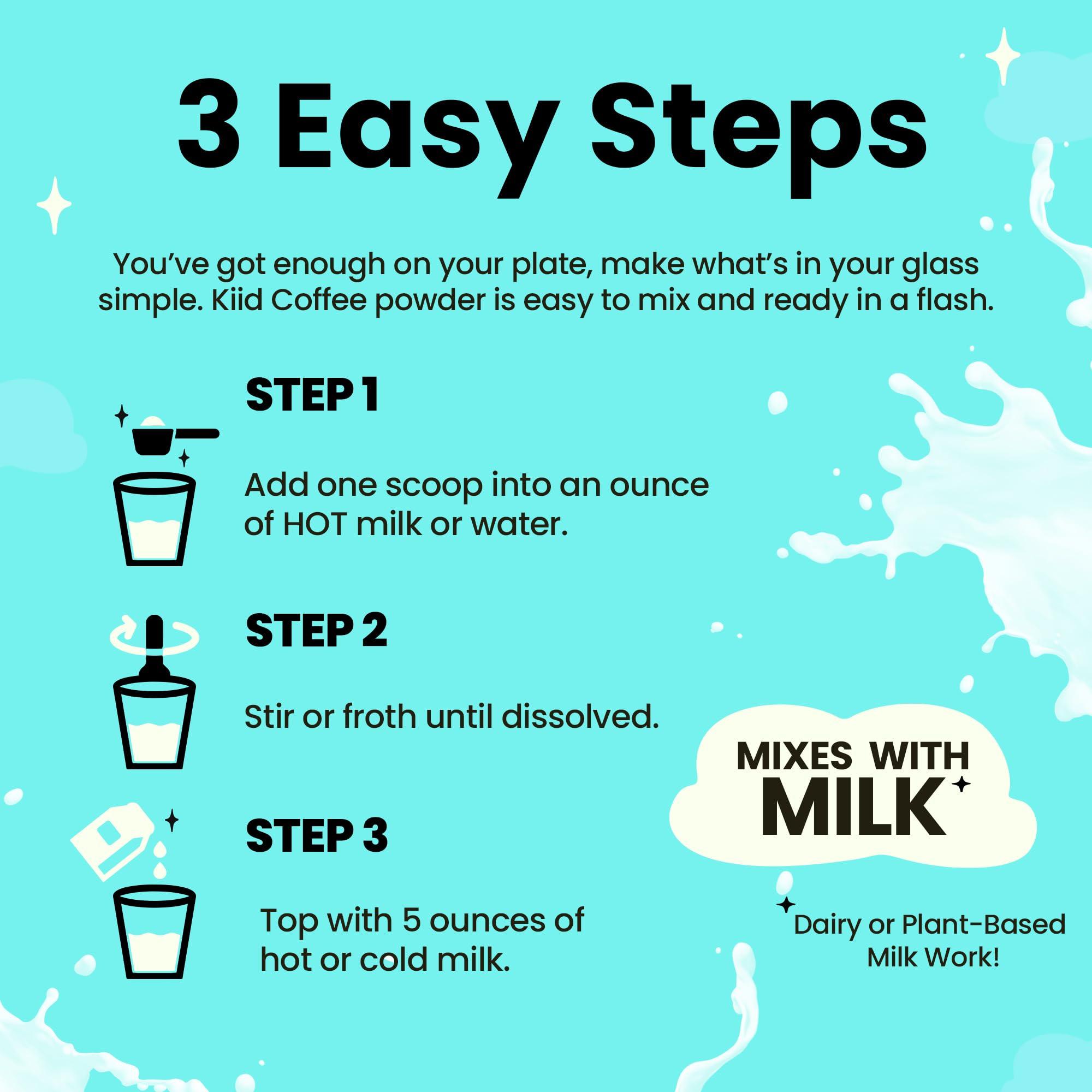 kiid Kiid Coffee Instant Latte - 99.9% Caffeine Free - Organic Decaf Coffee, 4g Fiber, 0g Sugar, 12 Vitamins & Minerals For Kids - Allergen Free & Vegan - Just Add Milk - Drink Hot or Cold (12 Servings)