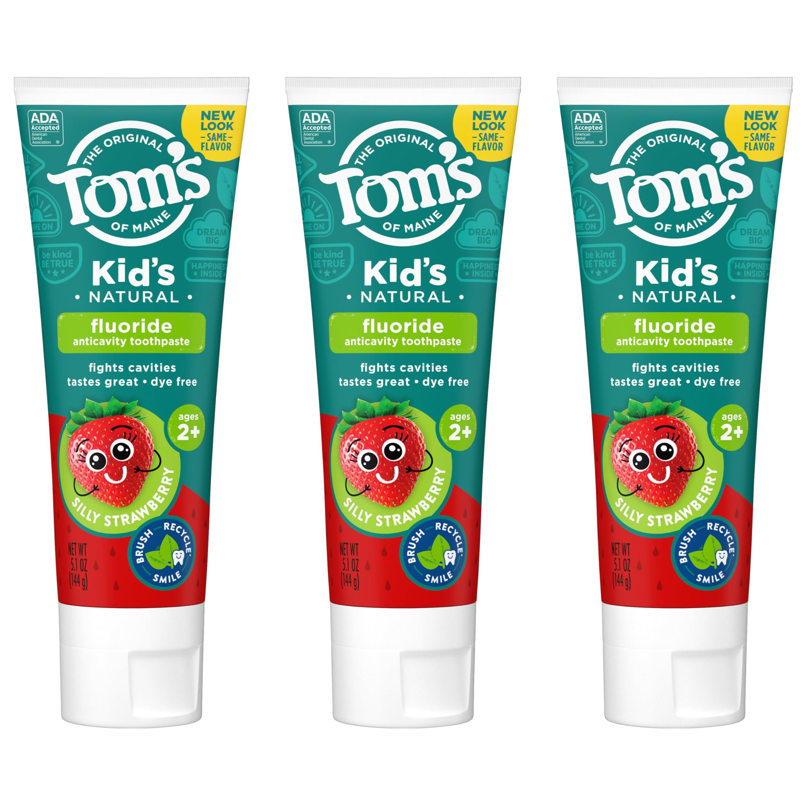 Tom's of Maine Tom's of Maine ADA Approved Fluoride Children's Toothpaste, Natural Toothpaste, Dye Free, No Artificial Preservatives, Silly Strawberry, 5.1 oz. 3-Pack (Packaging May Vary)