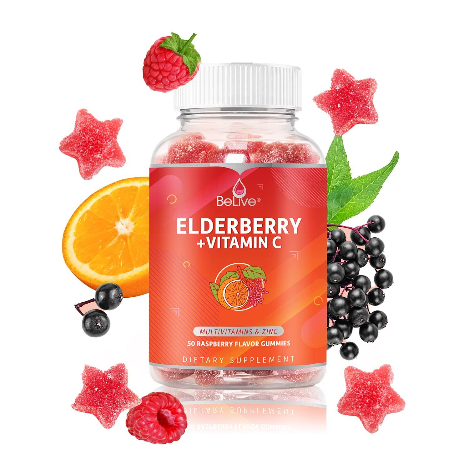 BeLive BeLive Elderberry Gummies with Zinc and Vitamin C - Immune Support Supplement with Vitamin D, A, E, B12 - Gummies for Healthy Bones & Teeth, Vegan, Keto & Non-GMO - Raspberry Flavor | 3-Pack