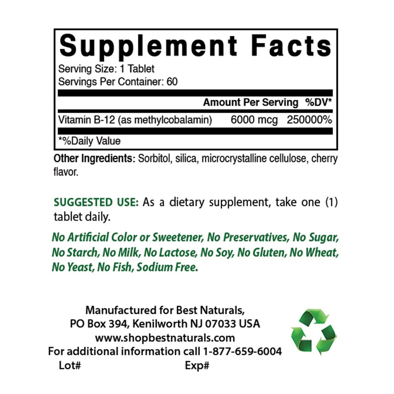 Best Naturals Best Naturals Vitamin B-12 as Methylcobalamin (Methyl B12), 6000 mcg 60 Sublingual Tablets (60 Count (Pack of 2))