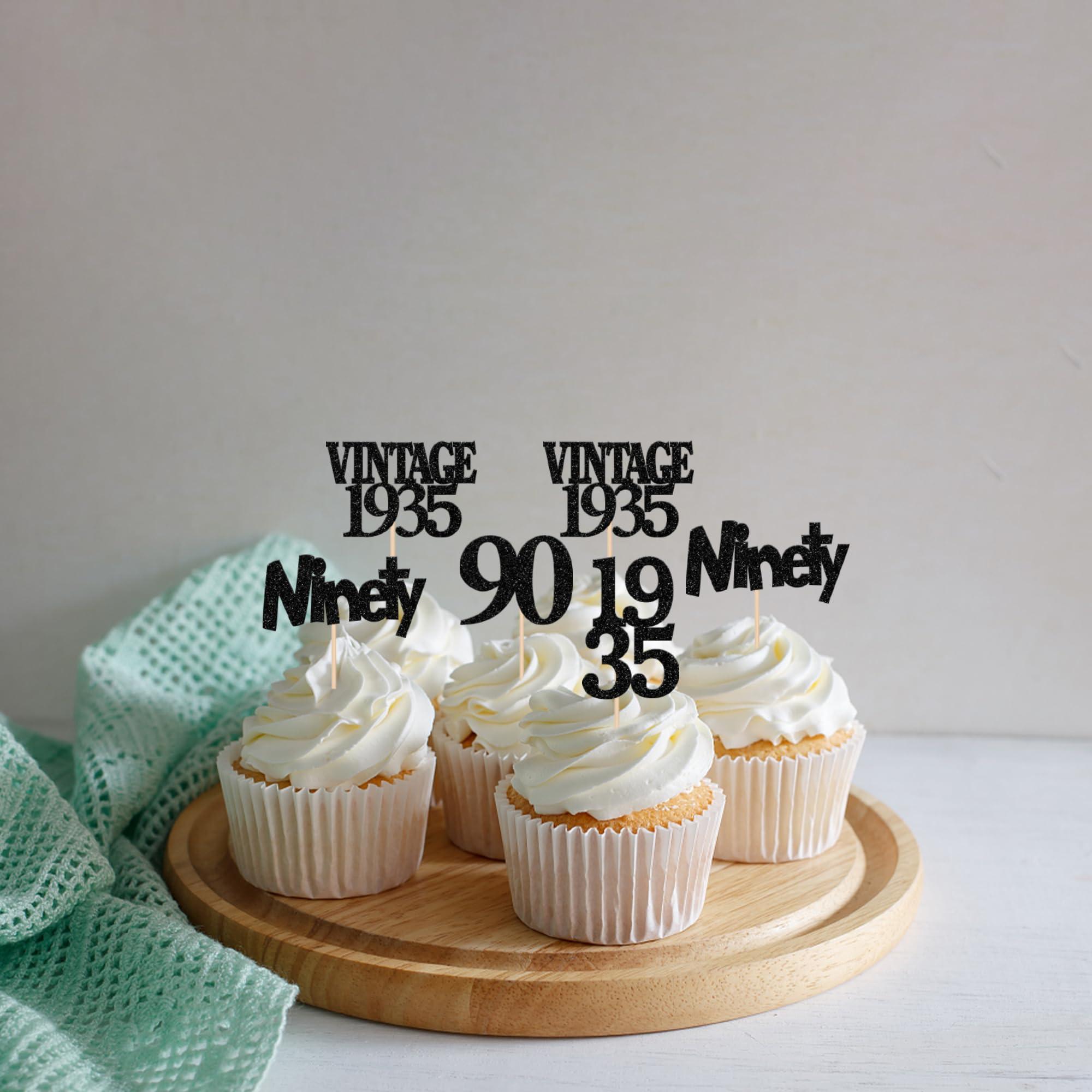 Rsstarxi Rsstarxi 24 Pack 90th Birthday Cupcake Toppers Black Glitter Vintage 1933 Cupcake Picks Ninety Cheers to 90 Years Old Birthday Cupcake Topper for Happy 90th Birthday Anniversary Party Cake Decorations