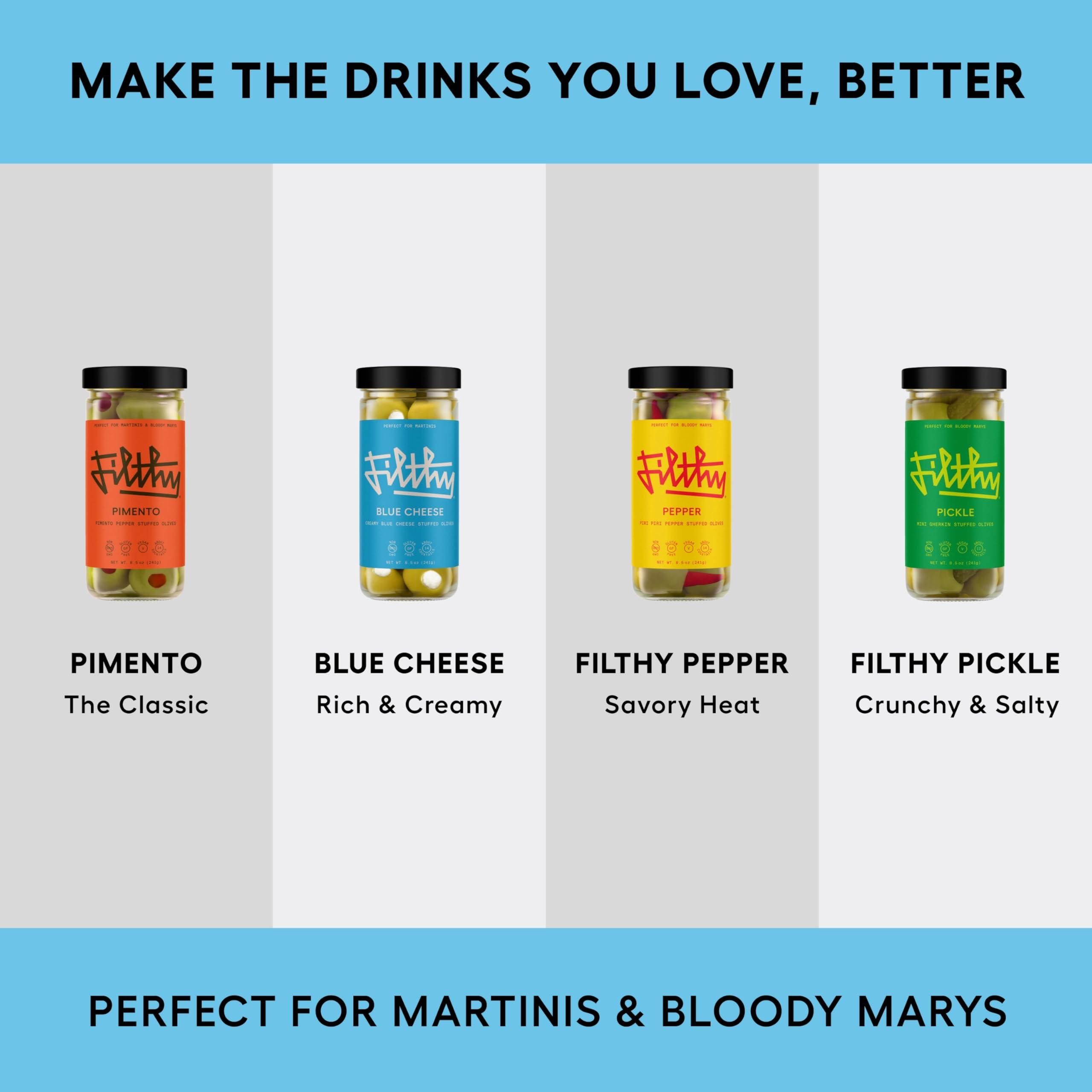 Filthy Food Filthy Cocktail Garnish, Blue Cheese Stuffed Olives, 8.5 Oz Jar, 14 Olives