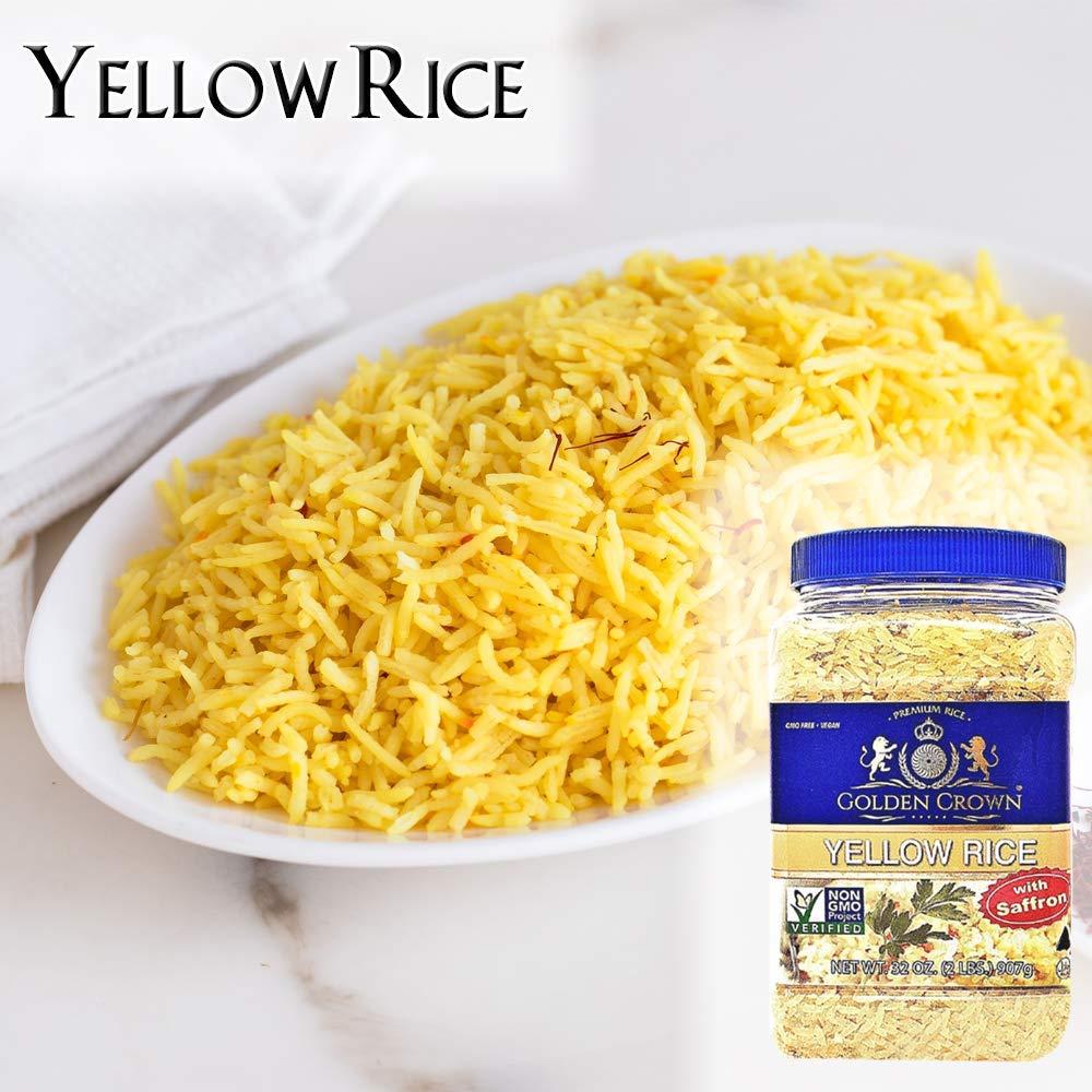 Golden Golden Crown Premium Saffron Yellow Rice, Healthy and Nutritious Non-GMO Verified, Naturally Aged Low in Fat 100% Authentic Halal Long Grains - 32 oz (2LB)