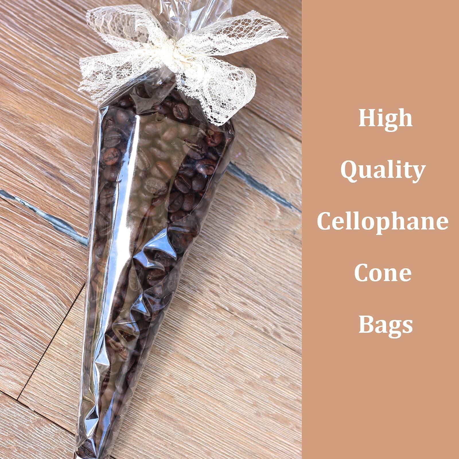 Yotelab Large Cone Cellophane Bags,7x15 Inches 200 PCS Plastic Popcorn Cone Bags for Party, Clear Cone Shaped Treat Bags with Twist Ties