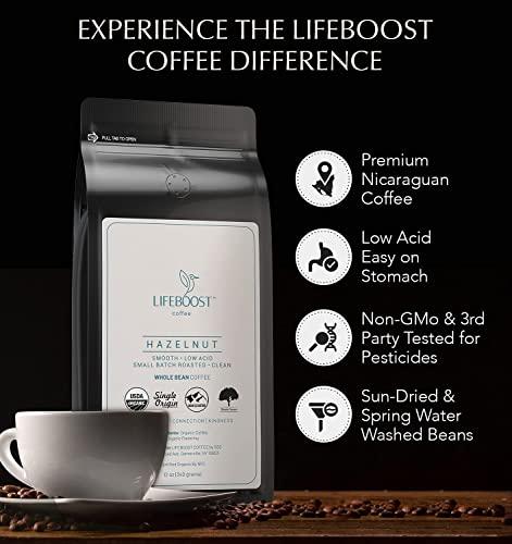 LIFEBOOST Lifeboost Coffee Whole Bean Hazelnut Coffee - Low Acid Single Origin Non-GMO Organic Coffee Beans - Third Party Tested For Mycotoxins & Pesticides - 12 Ounces