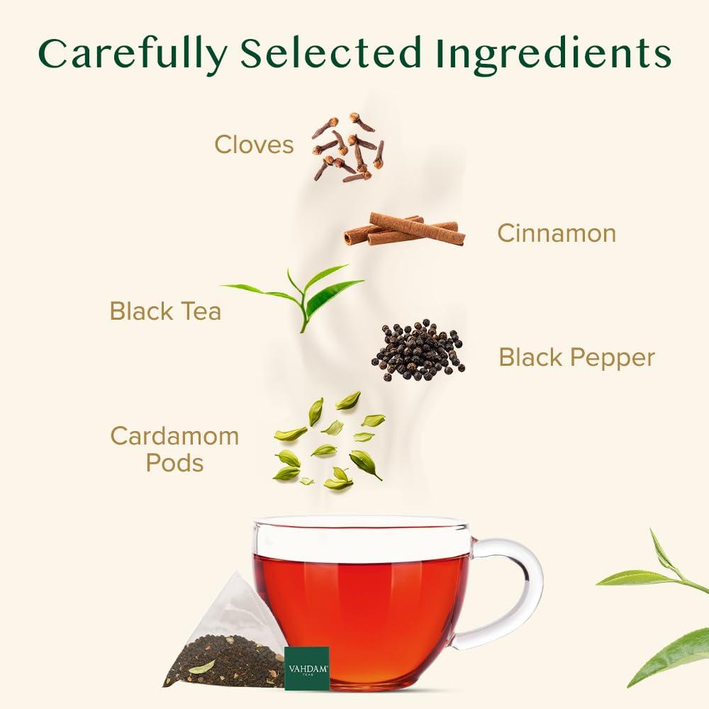 VAHDAM VAHDAM, India\'s Original Masala Chai Tea Bags (15 Count) Non GMO, Gluten Free, No Added Flavoring | Blended w/Savory Exotic Spices | Individually Wrapped Pyramid Tea Bags | Direct from Source