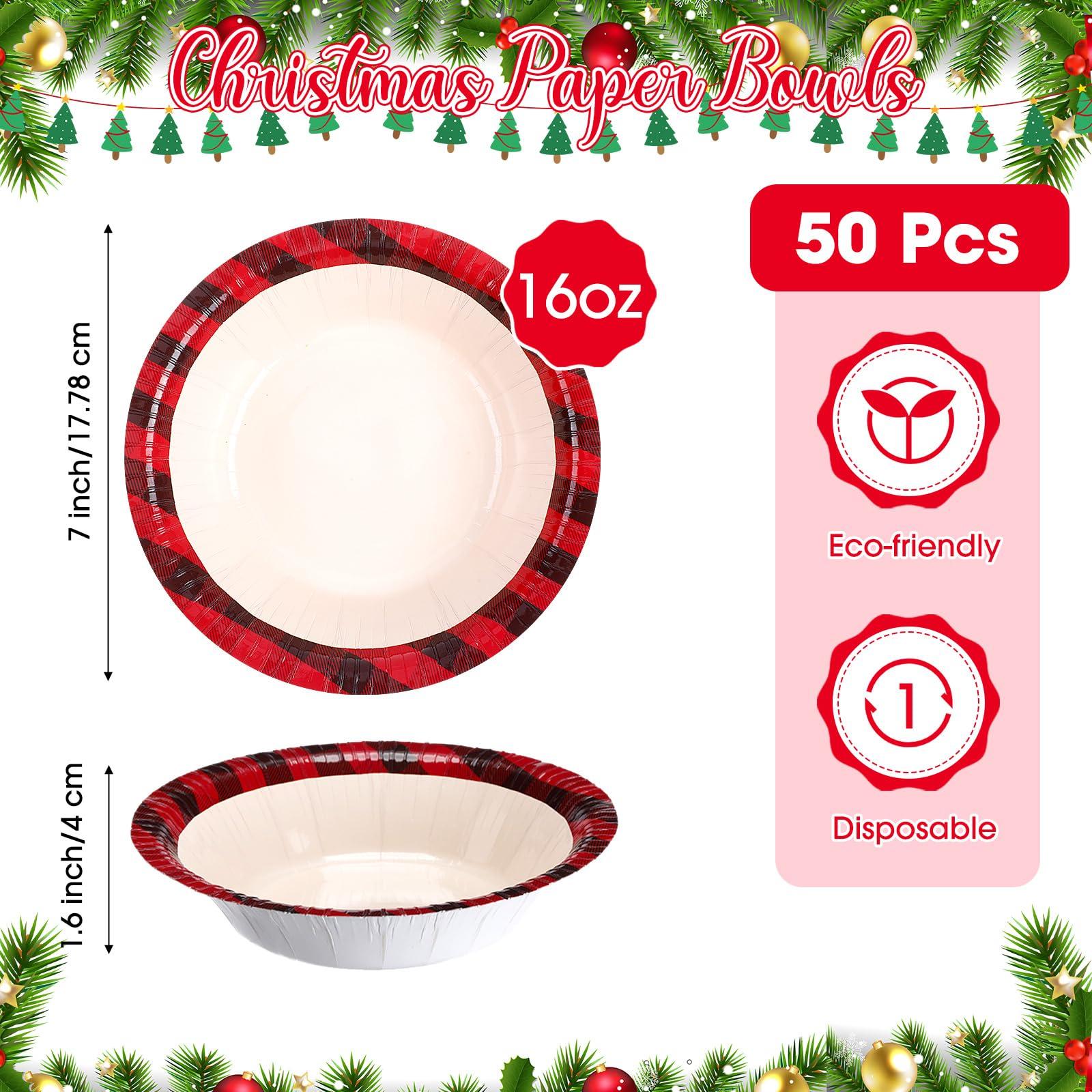 Jinei Jinei 50 Pcs Christmas Paper Bowls Bulk 16 oz Red and Black Paper Bowls Disposable Cereal Salad Dessert Soup Bowls Hot and Cold Food Serving Bowl for Christmas Birthday Party Picnic Supplies