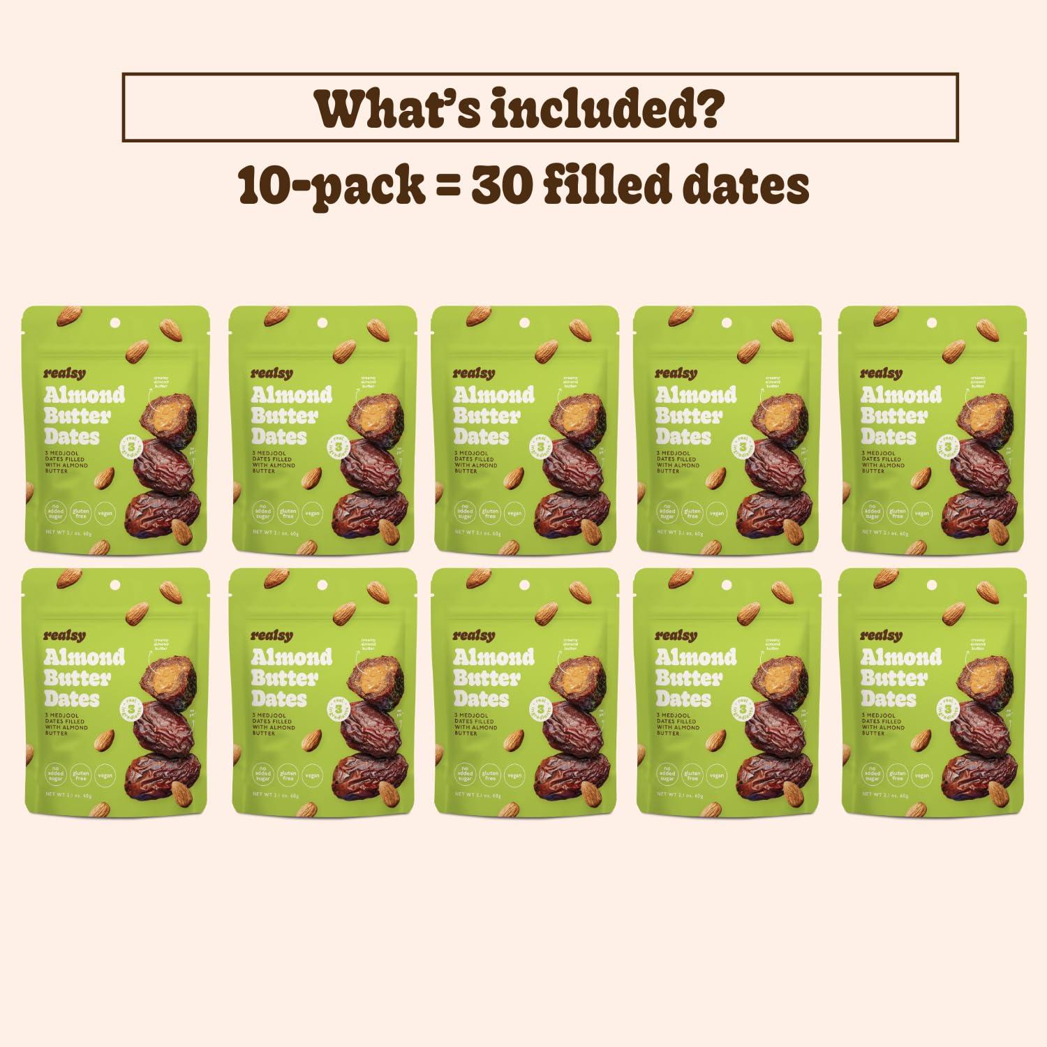 realsy Realsy Almond Butter Filled Medjool Dates, Organic Dates with No Sugar Added, Gluten-Free, Vegan, Good Source of Fiber, Low Glycemic Index, All Natural Healthy Snack, (10 Pack)