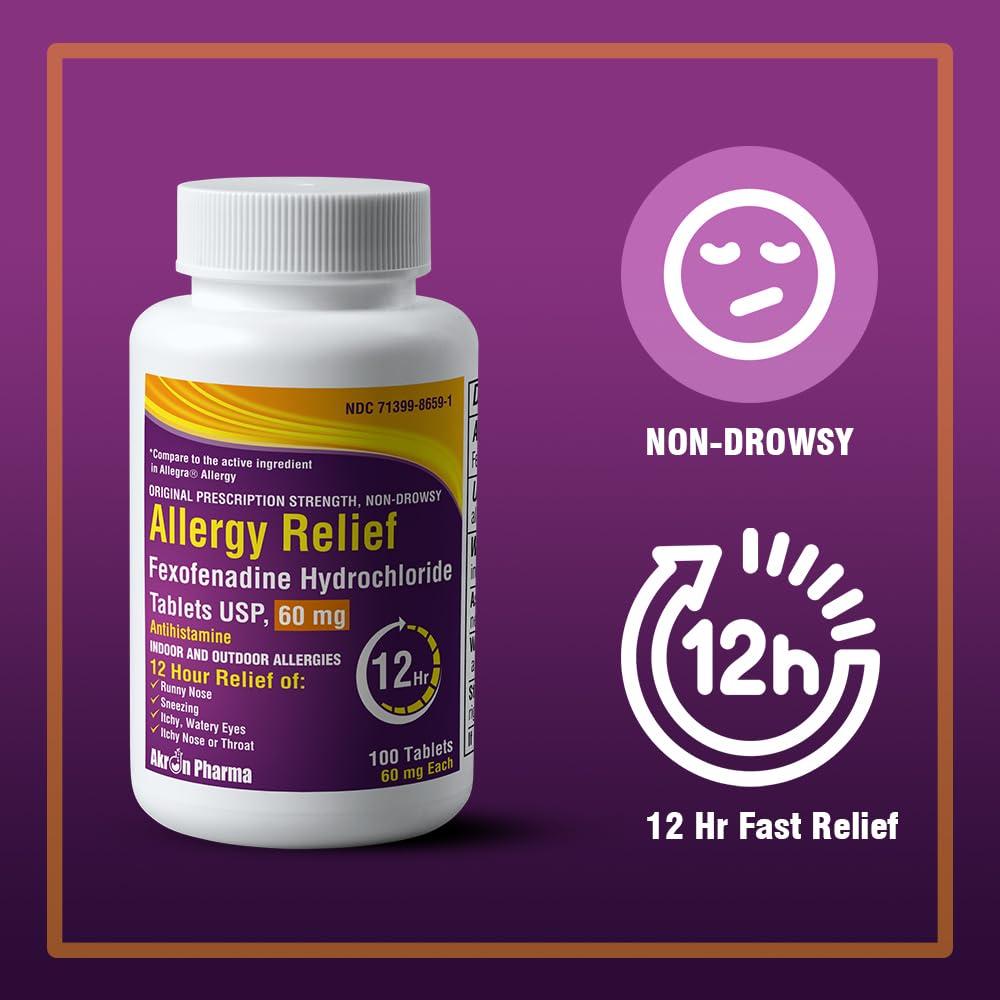 Akron Pharma Akron Pharma Allergy Relief, Fexofenadine Hydrochloride 60 mg, Non-Drowsy Antihistamine,Allergy Symptom Relief, 100 Tablets