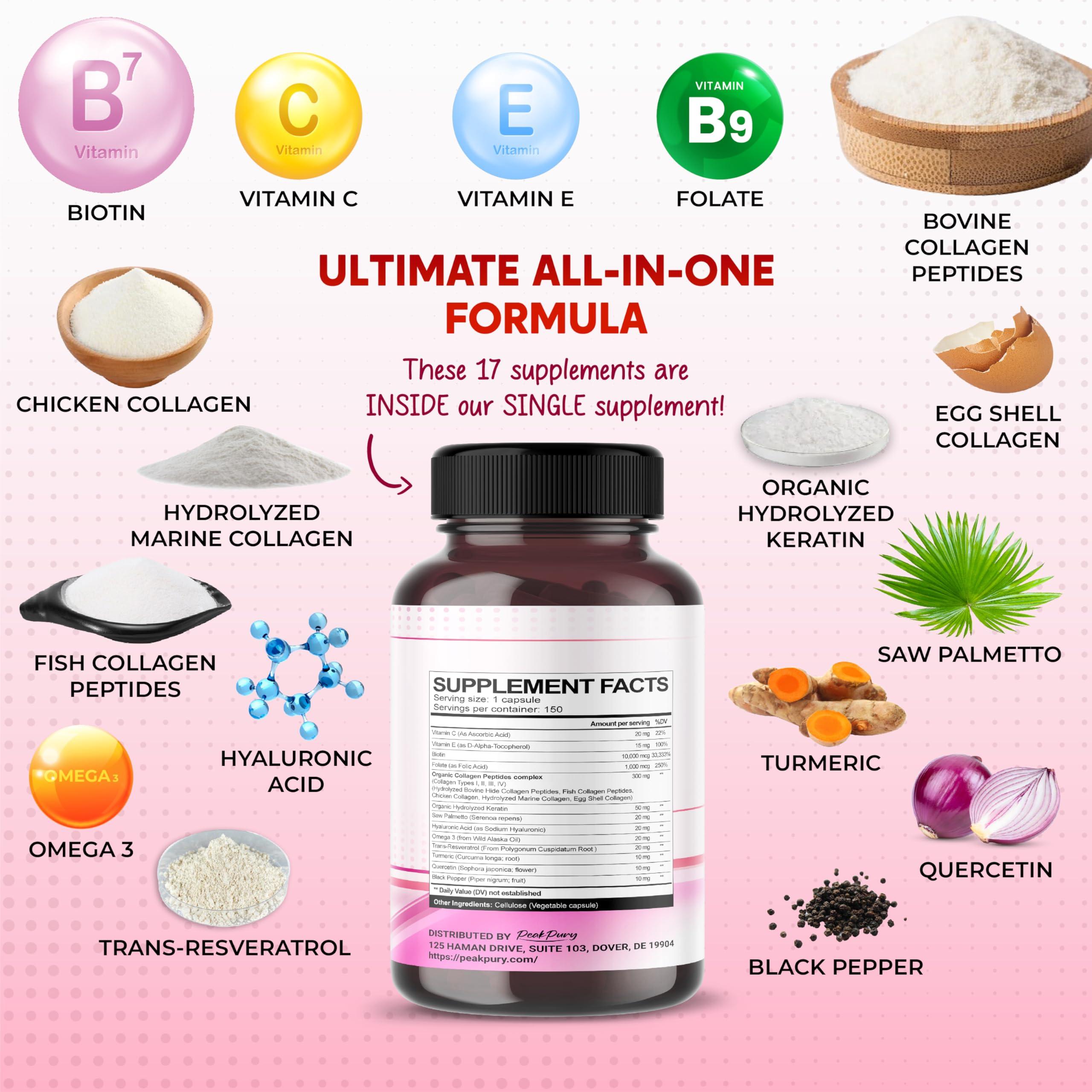 PEAKPURY PEAKPURY Collagen Biotin Resveratrol Saw Palmetto - Skin, Joint Health Support - Made in USA