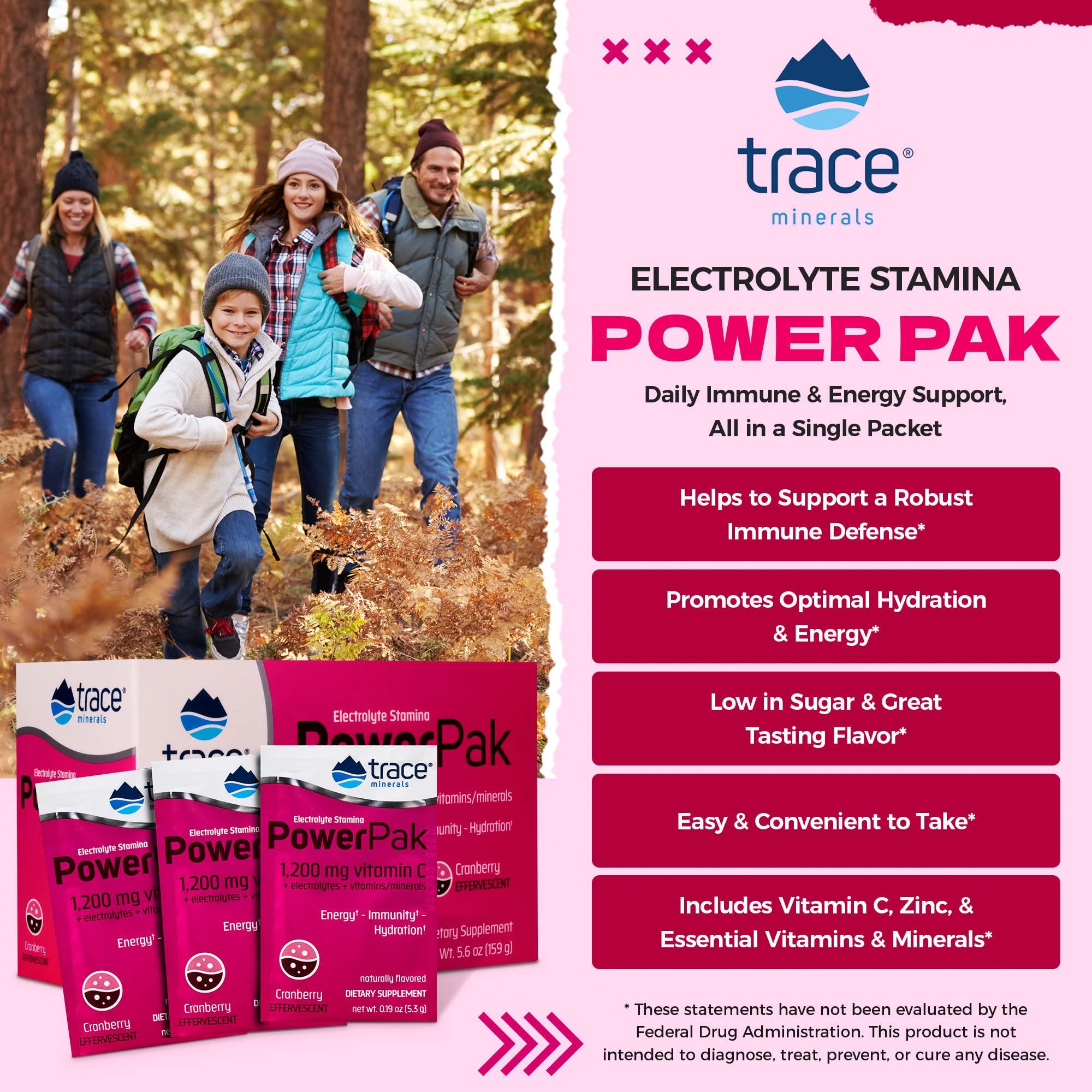 Trace Minerals Research Trace Minerals | Power Pak Electrolyte Powder Packets | 1200 mg Vitamin C, Zinc, Magnesium | Boost Immunity, Hydration and Natural Energy | Cranberry | 30 Packets