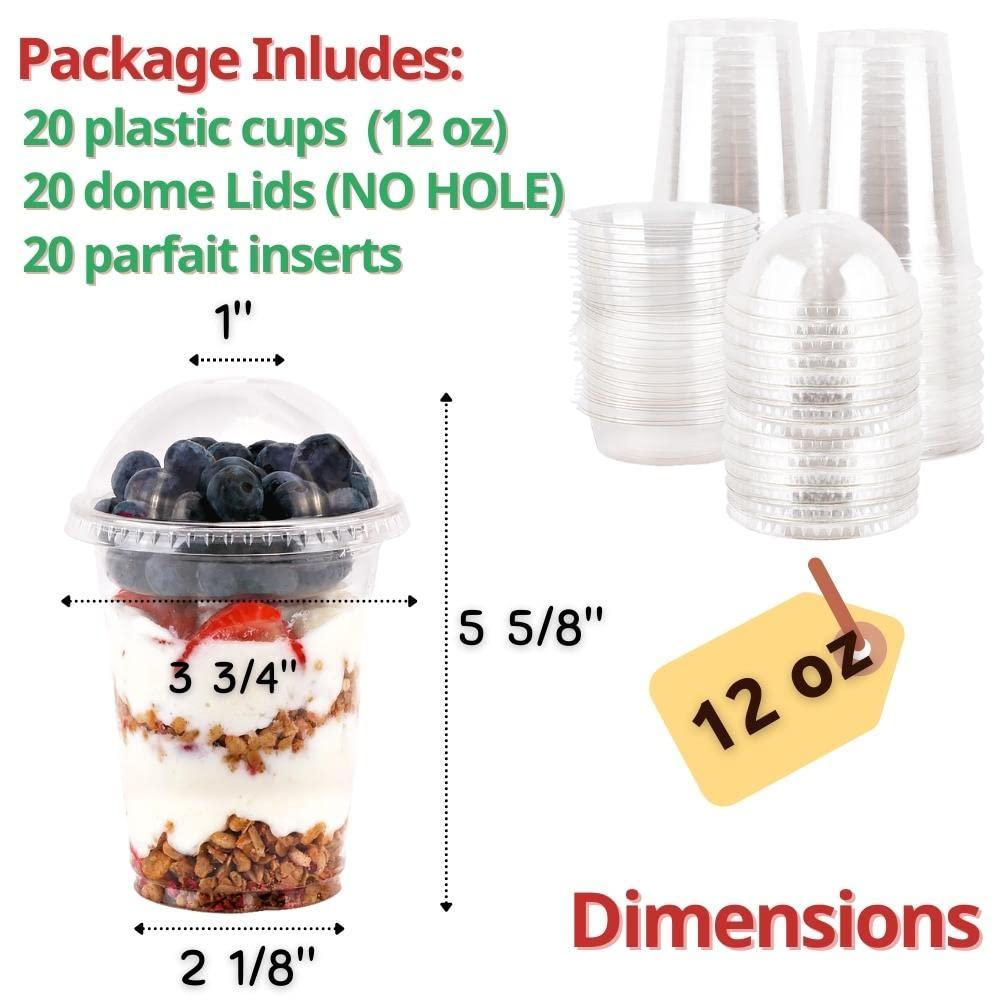 Aatriet Aatriet 12 oz Clear Plastic Parfait Cups with Insert 3.25oz & Dome Lids No Hole - (20 Sets) Yogurt Fruit Parfait Cups, for Dips and Veggies, Take Away Breakfast and Snacks. No Leaking
