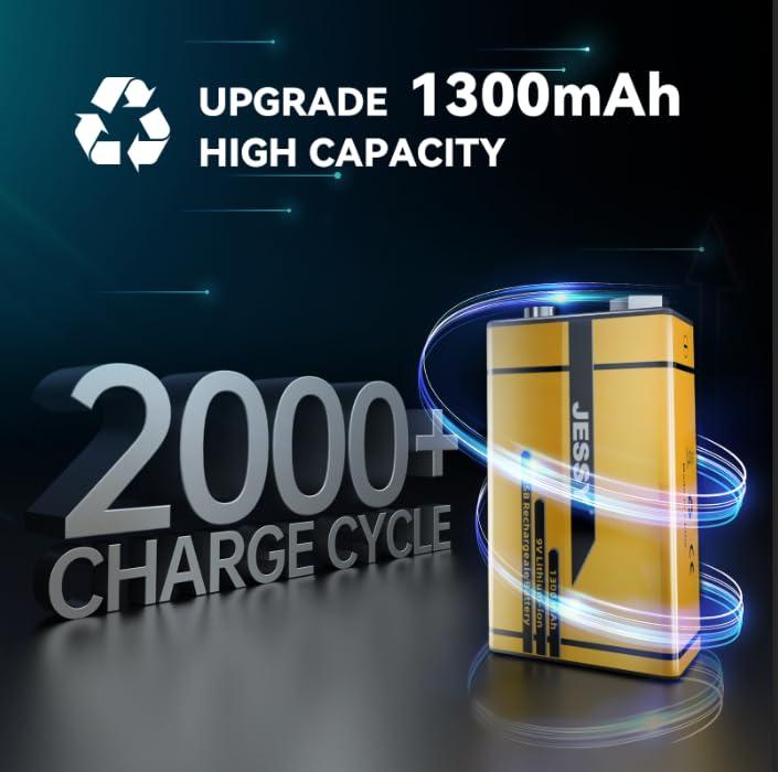 JESSY 8 Pack 9V Rechargeable Batteries USB Rechargeable, 1300mAh Long Lasting Lithium Batteries, USB-C Recharge with 4 in 1 Charging Cable for Smoke Alarms Detectors, Microphones, Alarms, Electric Guitar