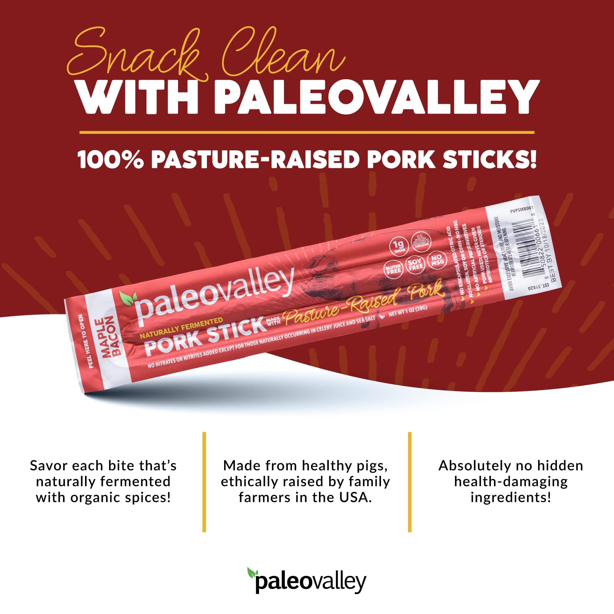 Paleovalley Paleovalley Pasture-Raised Pork Sticks - Maple Bacon Flavor Meat Sticks Individually Wrapped, 28g - 10 Sticks - Gluten-Free Protein Snack