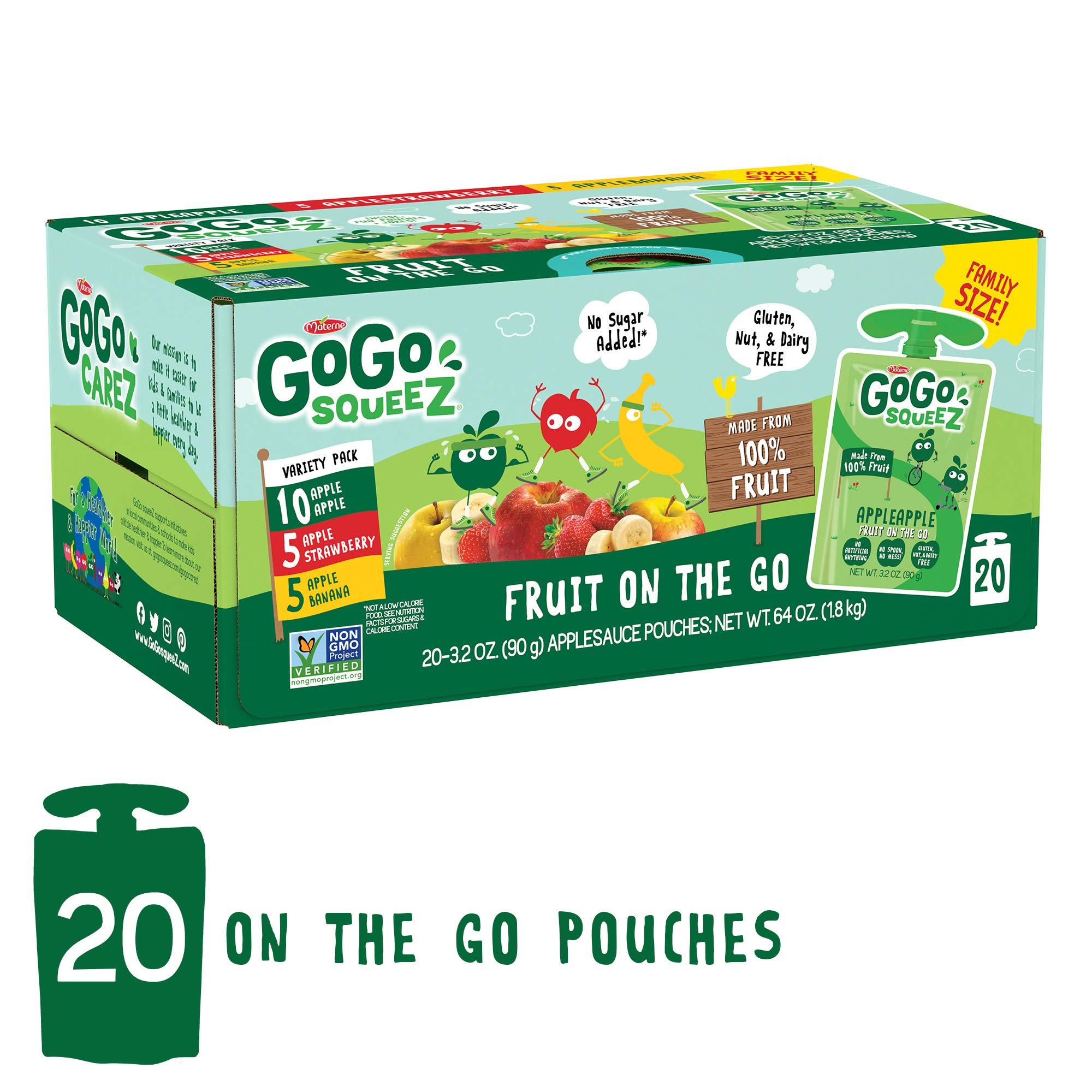 GoGo SqueeZ GoGo squeeZ Fruit on the Go, Apple Apple, Banana & Strawberry Variety Pack (3.2 oz, Pack of 20), Unsweetened Snacks for Kids