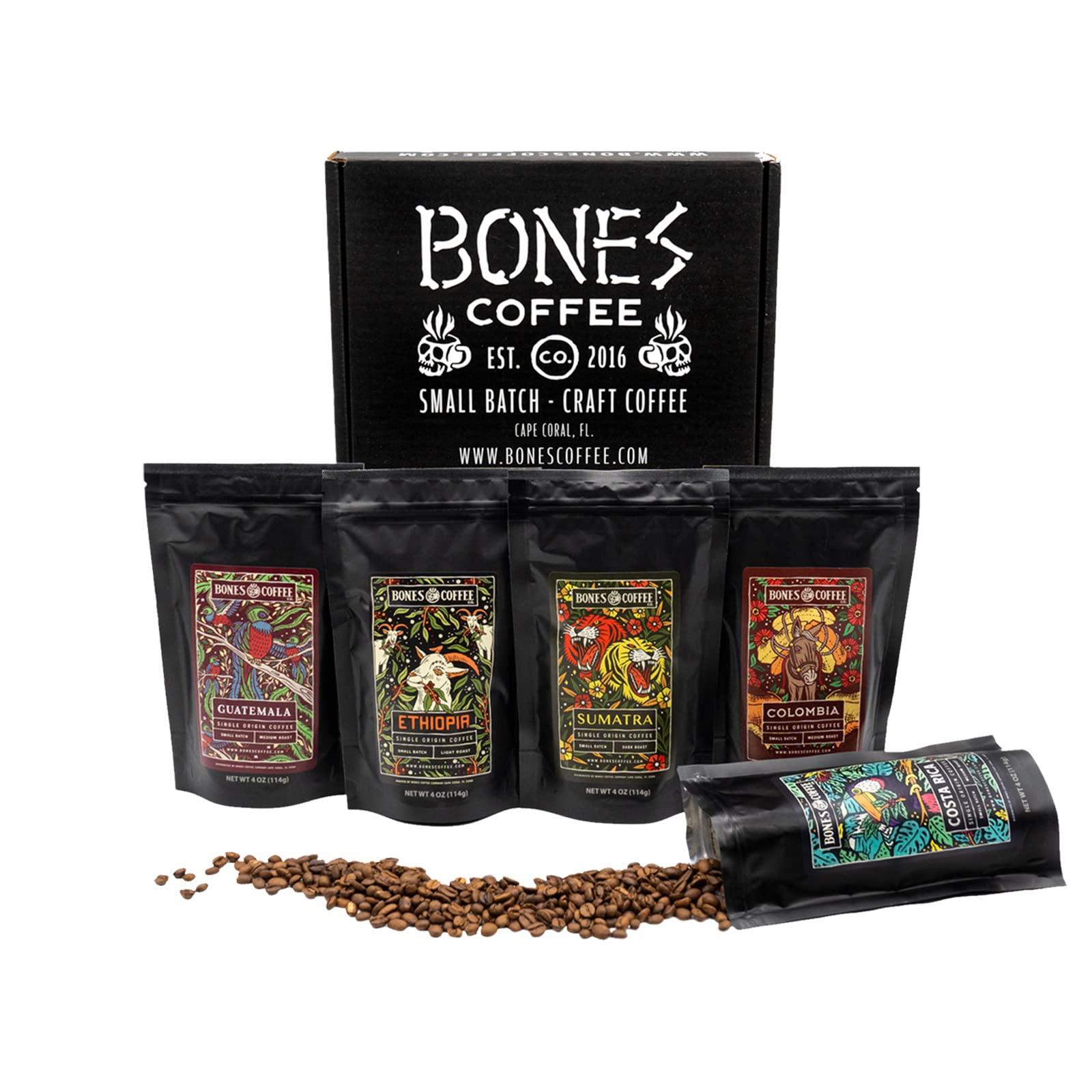 Bones Coffee Company Bones Coffee Company World Tour Sample Pack Gift Set, Medium Roast Ground Bean Coffee Low Acid Flavored Coffee Beans (4 oz, Pack of 5)