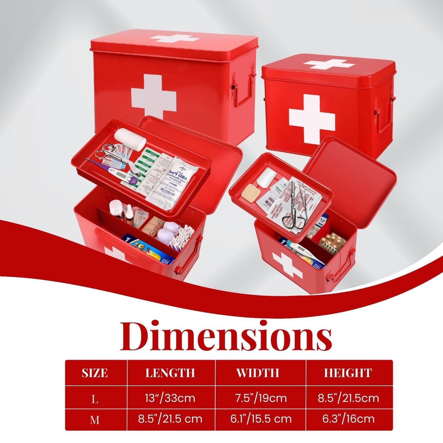 Flexzion Flexzion First Aid Box Organizer Empty 13\" Red Vintage First Aid Kit Tin Metal Medical Box - First Aid Storage Box Container Bins with Dividers, Removable Tray and White Cross Logo