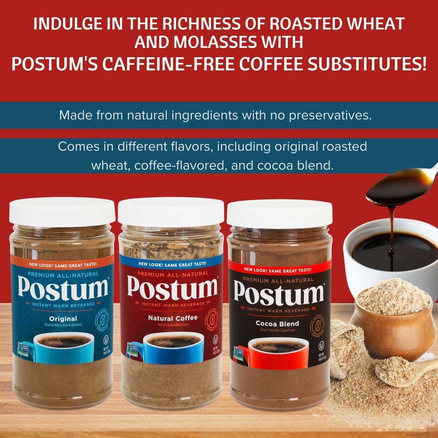 Postum Postum Variety Bundle Coffee Substitute Caffeine Free: Postum Original Roasted Wheat Bran & Molassess, Cocoa Blend & Natural Coffee (Pack of 3) | All-Natural & Healthy Coffee Alternative Caffeine Free