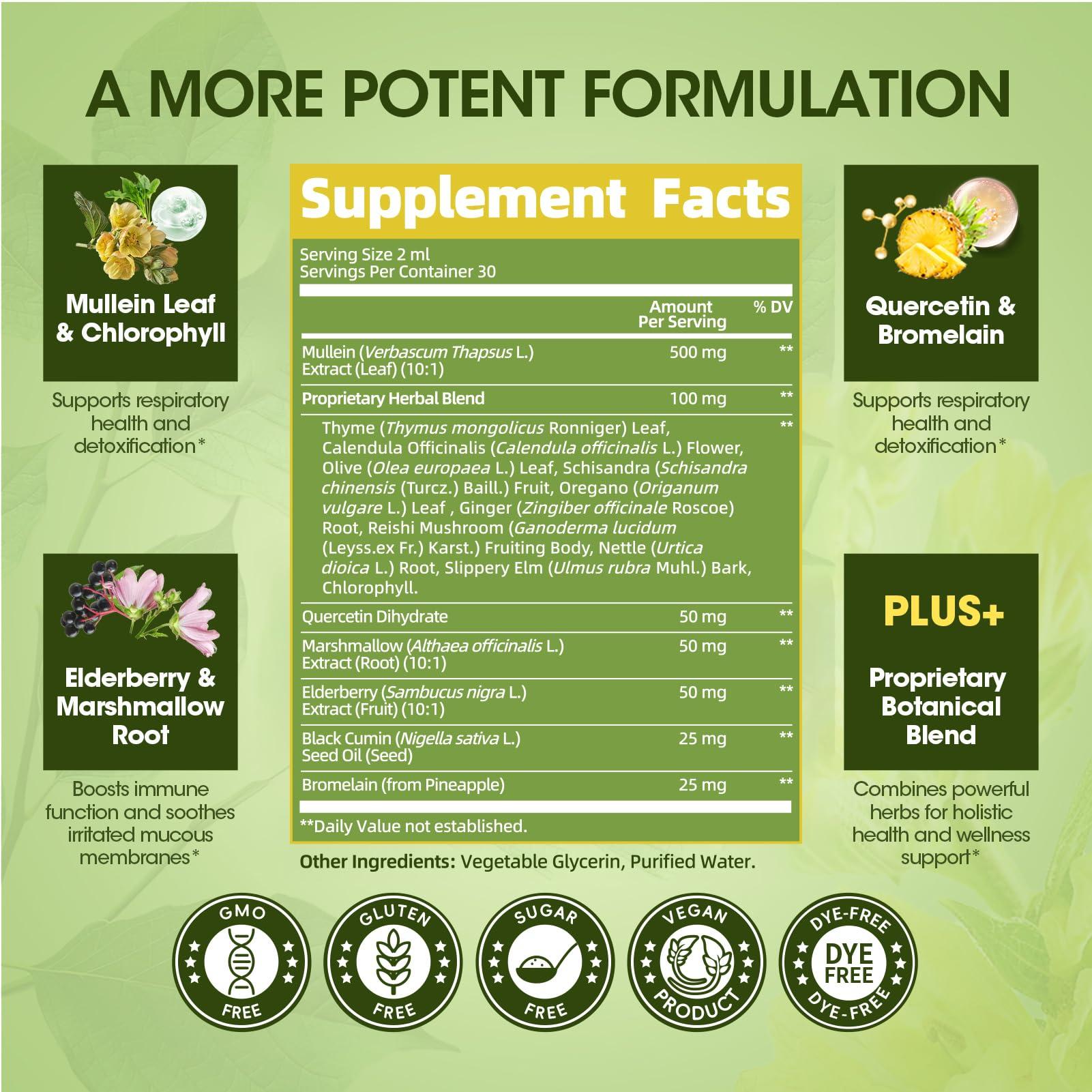 Lukaree Mullein Drops for Lungs, Lung Detox & Cleanse, Vegan Mullein Leaf Extract Tincture with Chlorophyll Elderberry, etc, Natural Herbal Supplement for Respiratory, Immune, 30 Servings