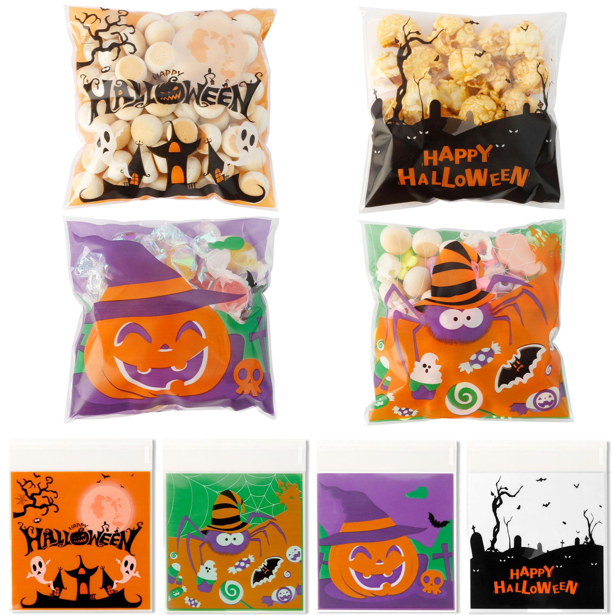 OZOSHINE Halloween Treat Bags, 100PCS Self-sealing Halloween Candy Bags, Halloween Trick or Treat Bags Halloween Cellophane Treat Bags Bulk Halloween Decorations Gift Bags Halloween Goodie Snack Bags for Candy