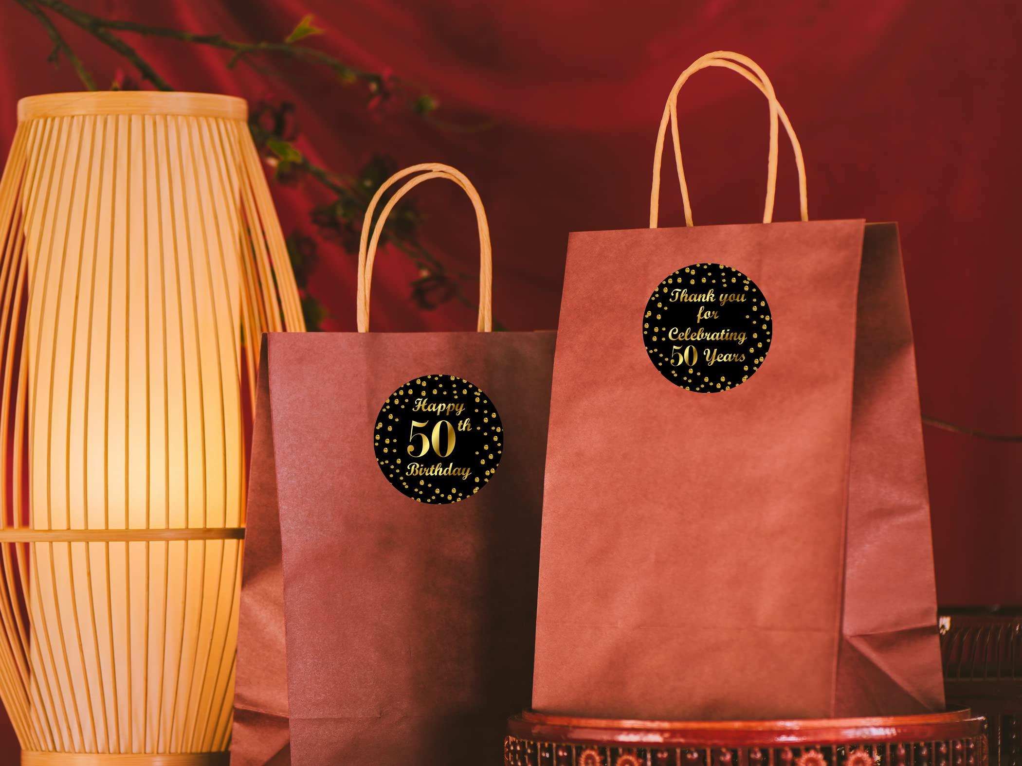 RokAPary 50th Birthday Round 2 Inch Big Glossy Stickers, Thank You for Celebrating 50 Years Black and Gold Labels, Great for Party Favors, Decorations, Tags, Gift Bags and Supplies. Made in USA