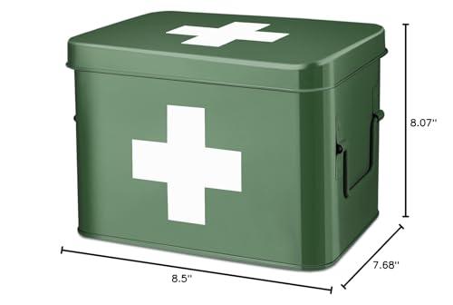 Flexzion Flexzion First Aid Box Organizer, Empty 8.5 Inch Green Vintage First Aid Kit Tin Metal Medical Box First Aid Storage Box Container Bins with Dividers, Removable Tray and Cross Logo