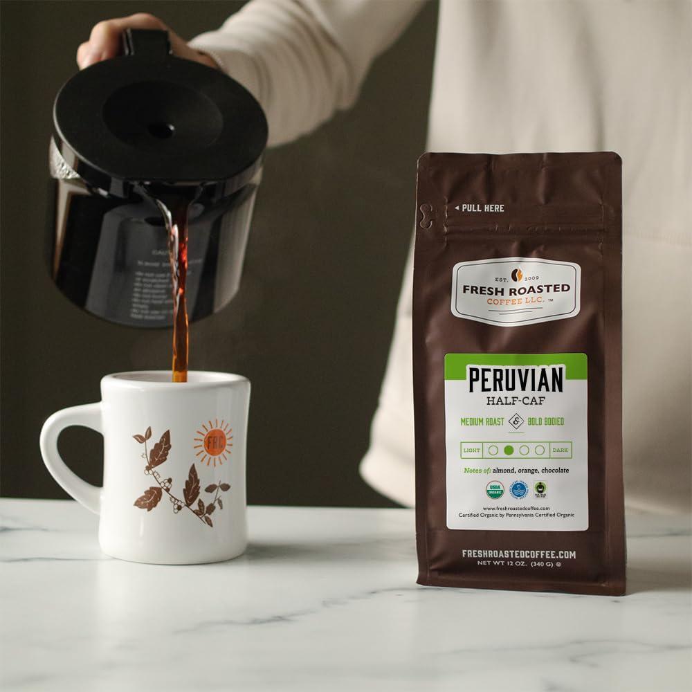 Fresh Roasted Coffee Fresh Roasted Coffee, Organic Peru Water Processed Half-Caf, 5 lb (80 oz), Mold & Mycotoxin Tested, Kosher, Medium Roast, Whole Bean