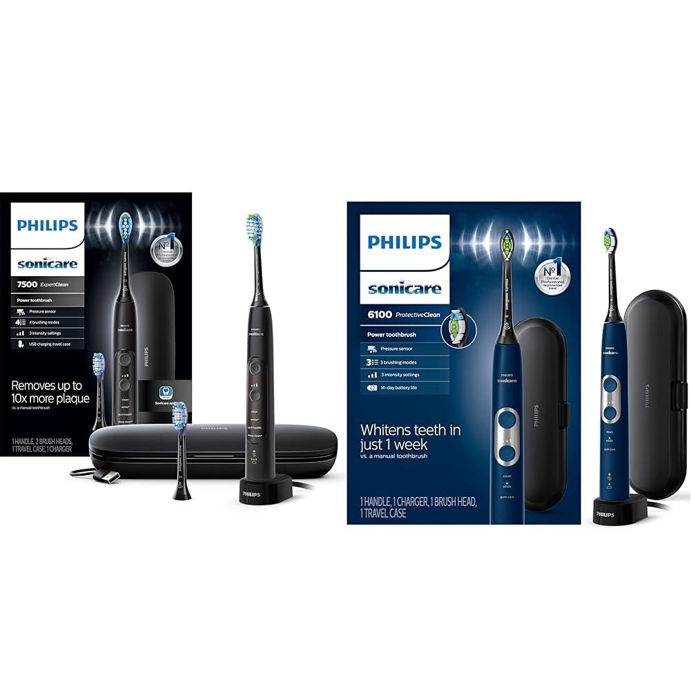 Philips Sonicare Philips Sonicare ExpertClean 7500, Rechargeable Electric Power Toothbrush, Black, HX9690/05 & ProtectiveClean 6100 Rechargeable Electric Power Toothbrush, Navy Blue, HX6871/49