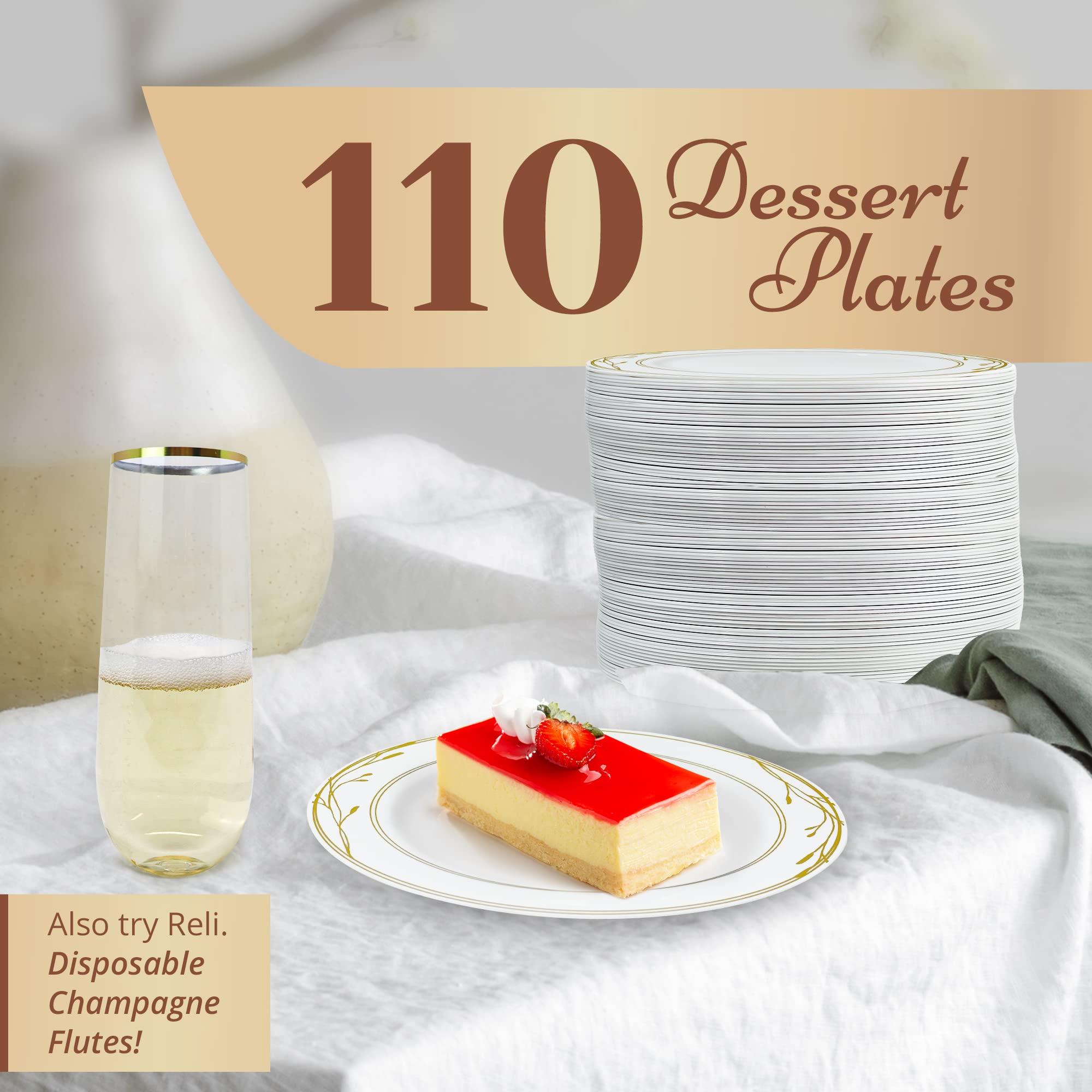 Reli. Reli. Disposable Plastic Plates, White & Gold Rim (110 Pcs, 7.5\" Dessert Plate) | Hard Plastic Dessert/Salad/Cake | Heavy Duty Disposable Round Trays for Party, Wedding, Event (Gold Trim)